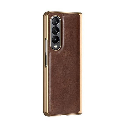 Samsung Galaxy Z Fold 4 PU Leather Chrome Plated With Front Screen Protector Case- Coffee