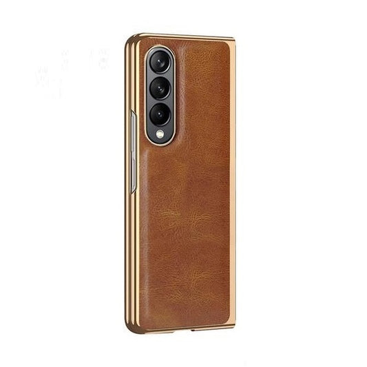 Samsung Galaxy Z Fold 4 PU Leather Chrome Plated With Front Screen Protector Case- Brown