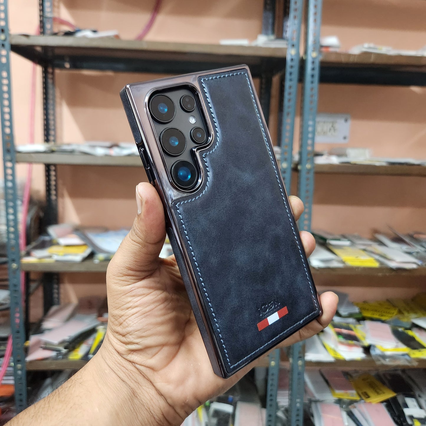 Samsung Galaxy S23 Ultra Super Slim Premium Quality Genuine Leather Case - Brown / Blue