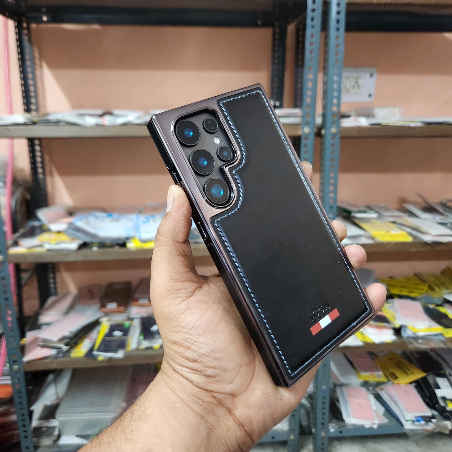 Samsung Galaxy S23 Ultra Super Slim Premium Quality Genuine Leather Case - Black / Purple