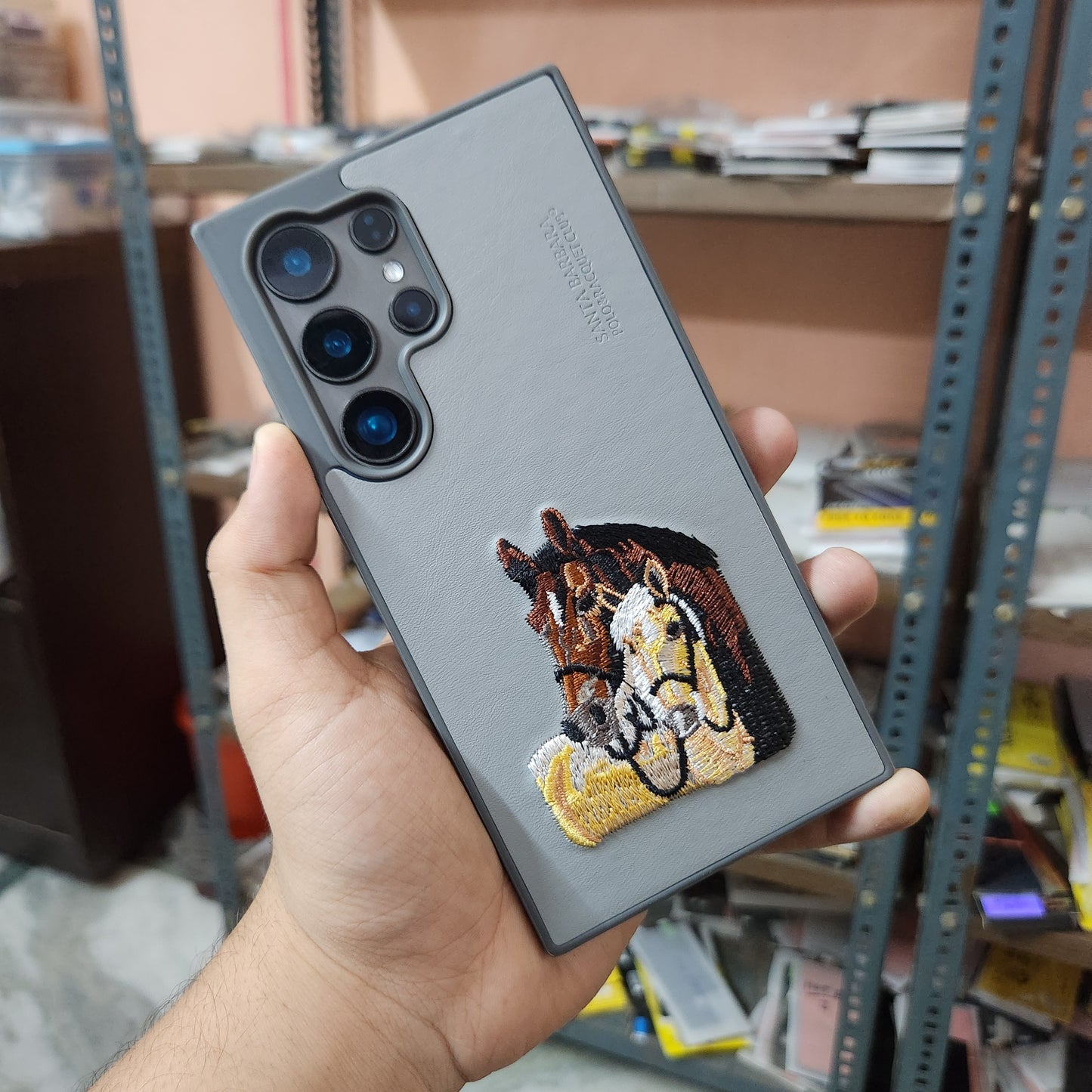 Samsung Galaxy S24 Ultra Boris Series 3D Horse Embroidery Leather Case - Grey