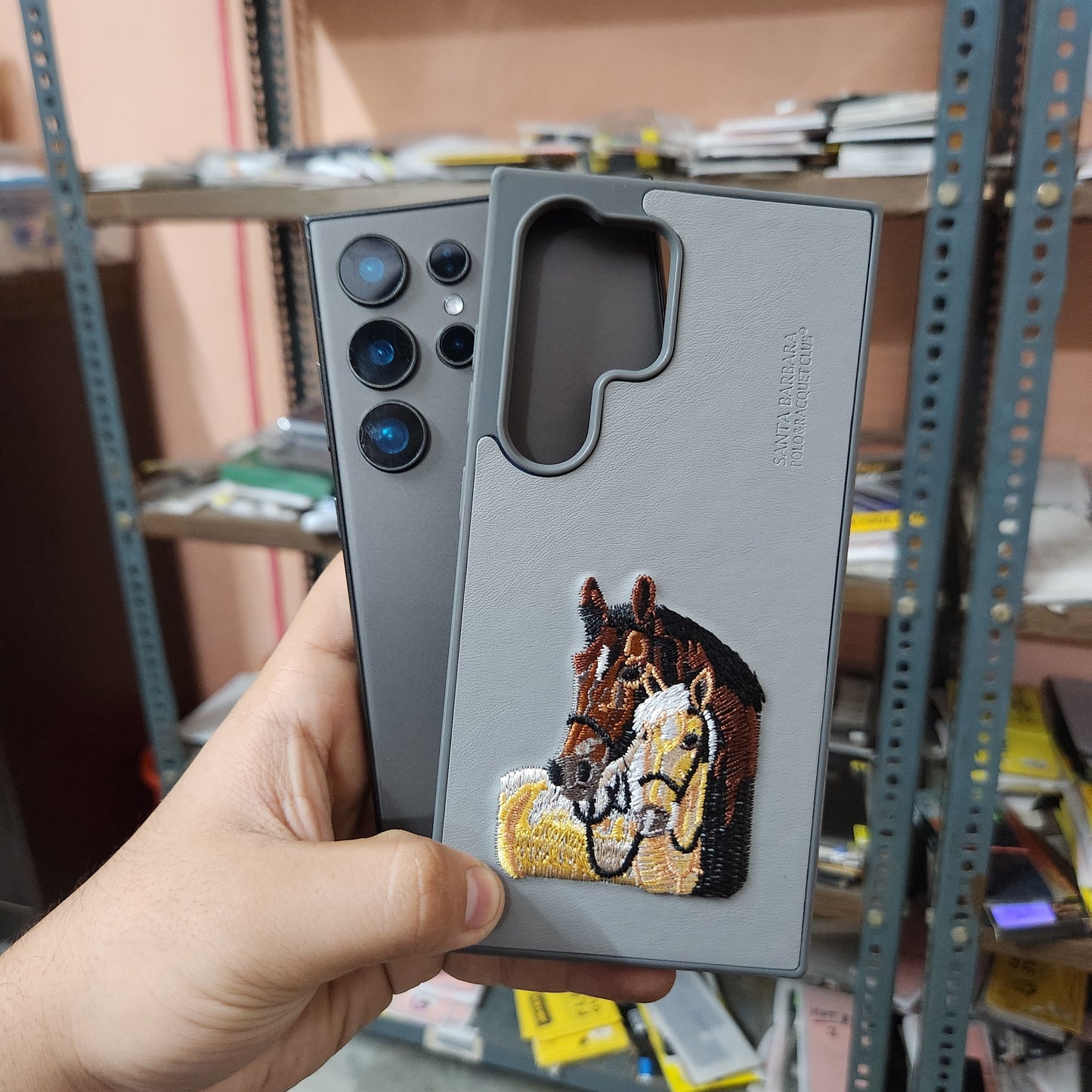 Samsung Galaxy S24 Ultra Boris Series 3D Horse Embroidery Leather Case - Grey