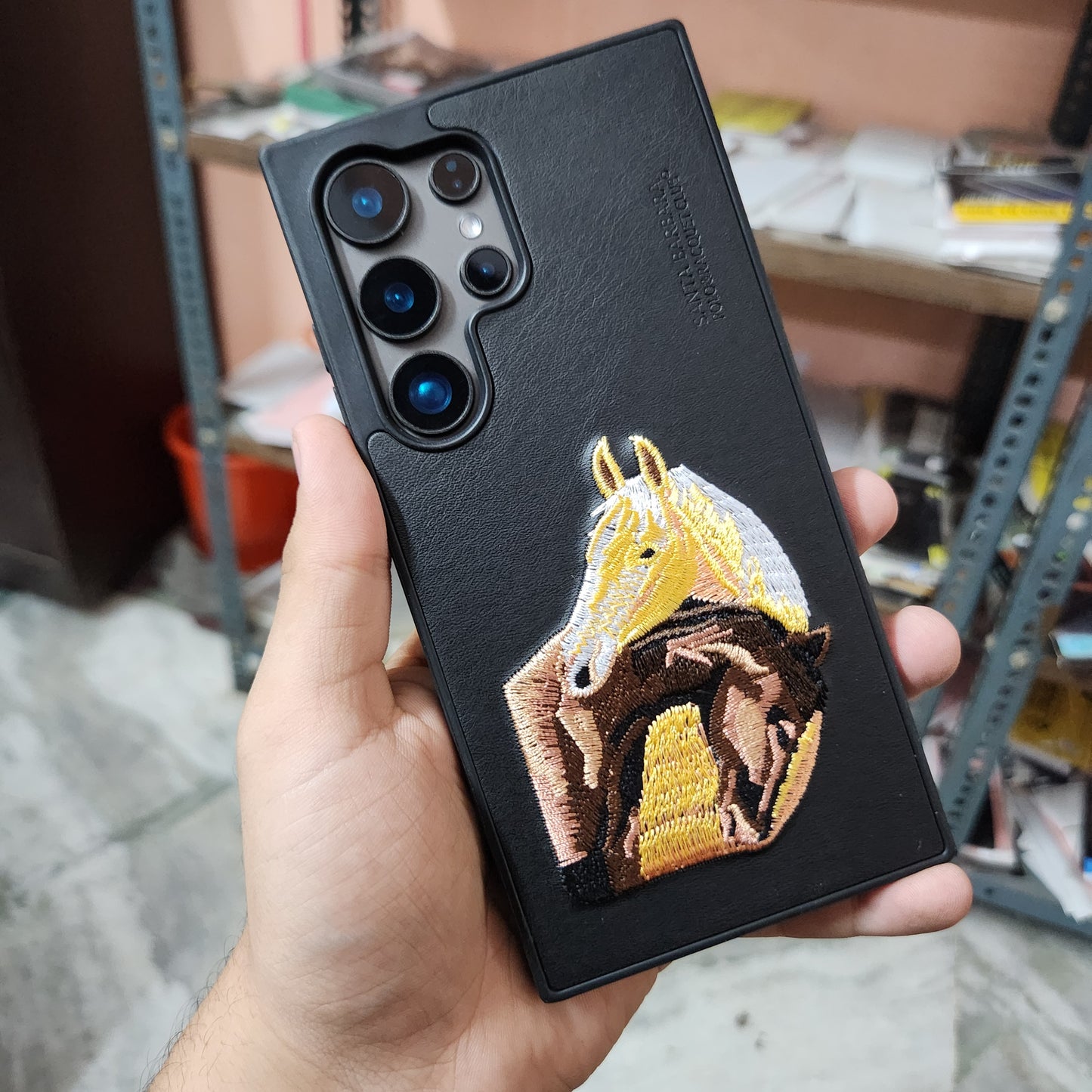 Samsung Galaxy S24 Ultra Boris Series 3D Horse Embroidery Leather Case - Black