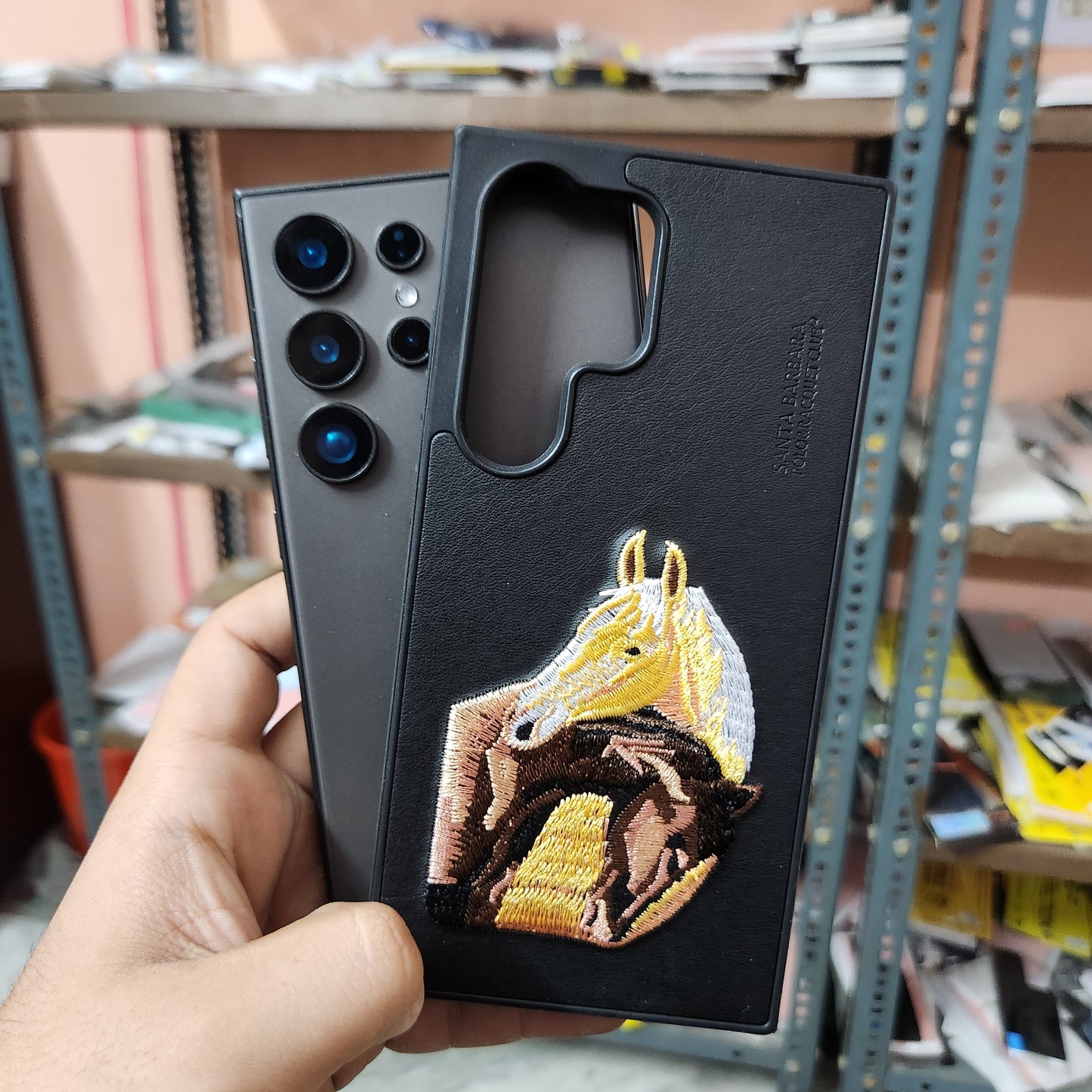Samsung Galaxy S24 Ultra Boris Series 3D Horse Embroidery Leather Case - Black