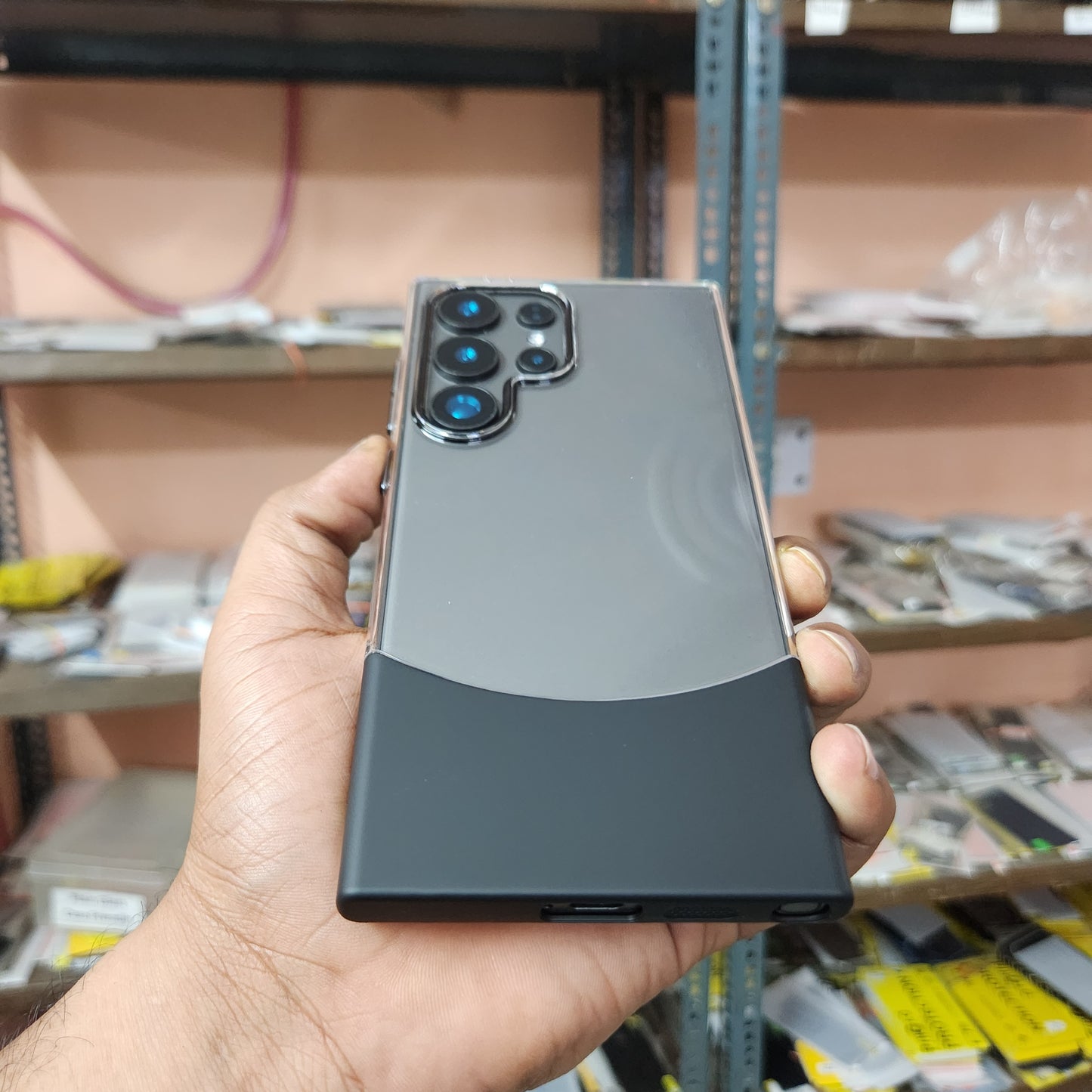 Samsung Galaxy S24 Ultra Premium Stylish Anti Yellowing Half Crystal Bottom Hard Case - Black