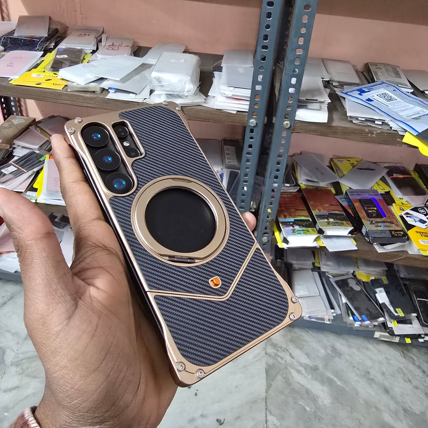 Samsung Galaxy S25 Ultra Metal Case, Frameless Metal Carbon Case Strong Magnetic Kickstand with 360ยฐ Rotation Ring - Titanium