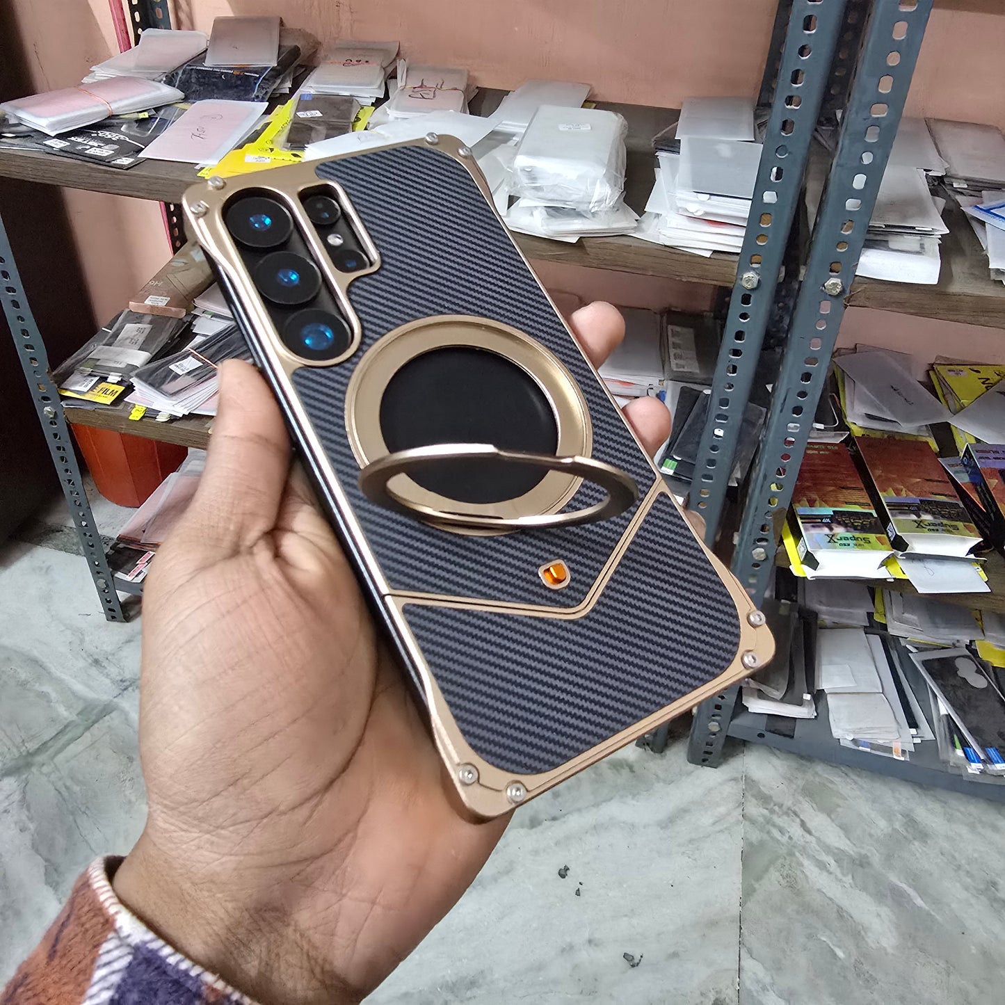 Samsung Galaxy S25 Ultra Metal Case, Frameless Metal Carbon Case Strong Magnetic Kickstand with 360ยฐ Rotation Ring - Titanium
