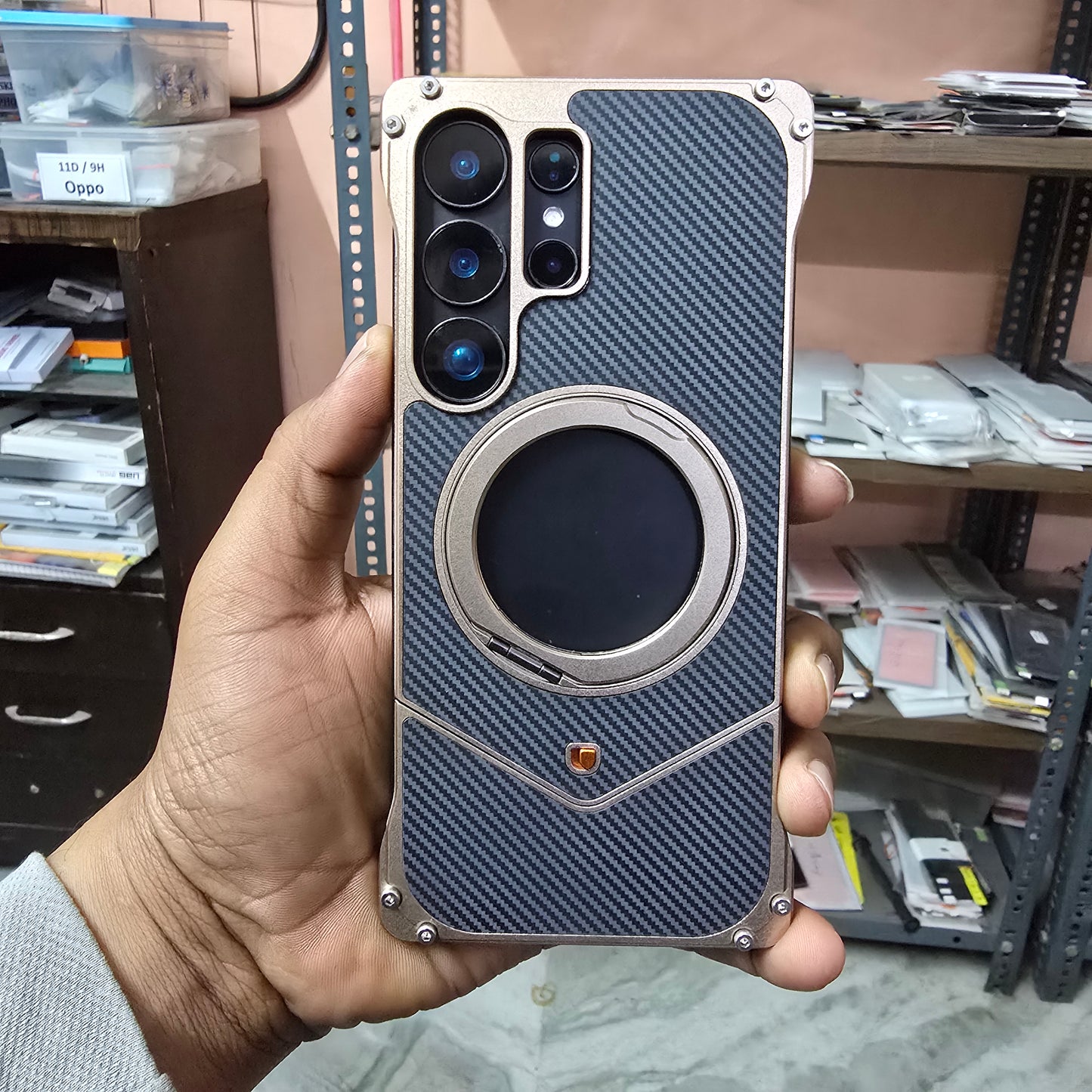 Samsung Galaxy S25 Ultra Metal Case, Frameless Metal Carbon Case Strong Magnetic Kickstand with 360ยฐ Rotation Ring - Titanium