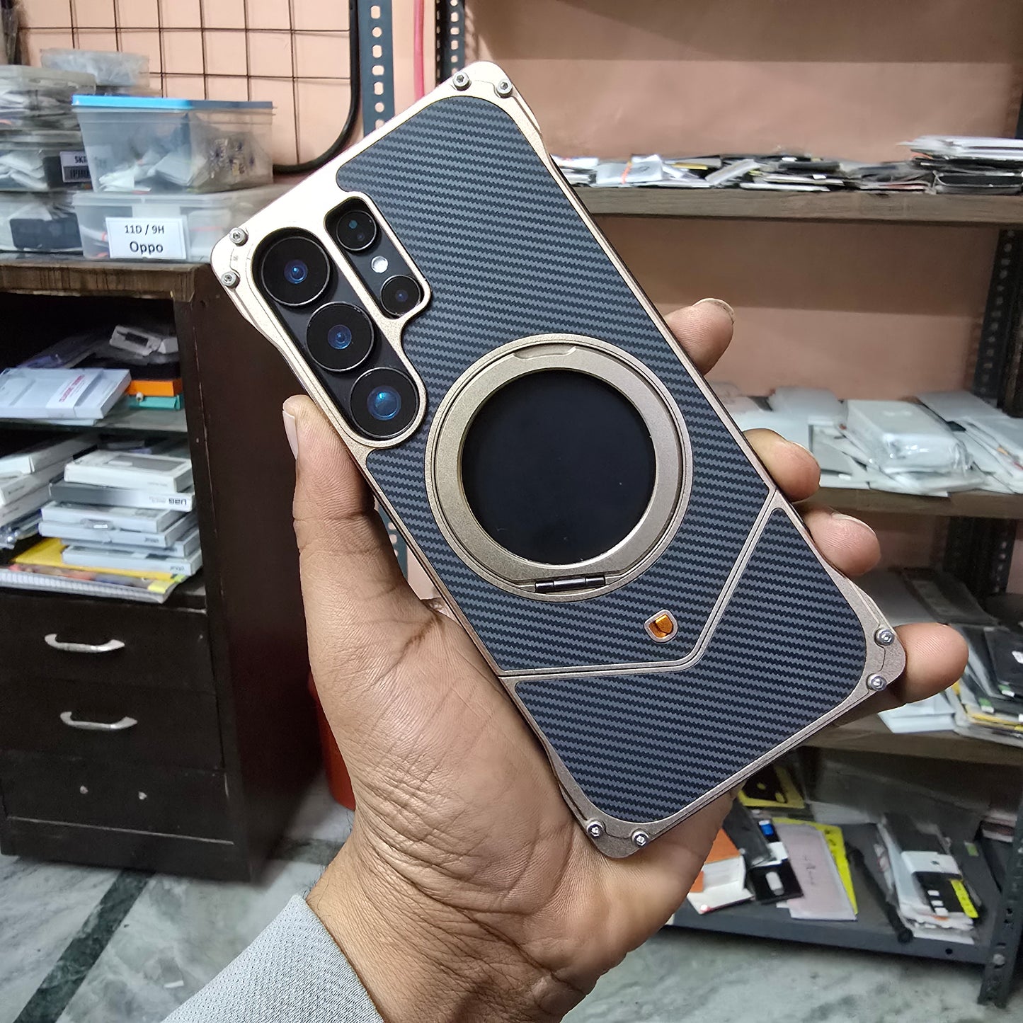 Samsung Galaxy S25 Ultra Metal Case, Frameless Metal Carbon Case Strong Magnetic Kickstand with 360ยฐ Rotation Ring - Titanium