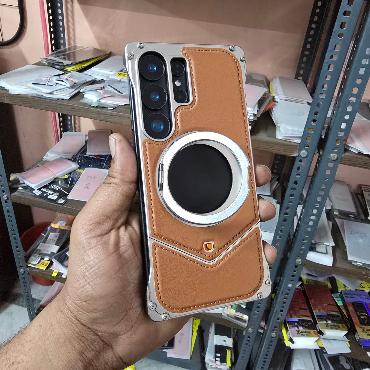 Samsung Galaxy S25 Ultra Metal Case, Frame less Leather Metal Bumper Case with Magsafe & 360 Stand - Brown