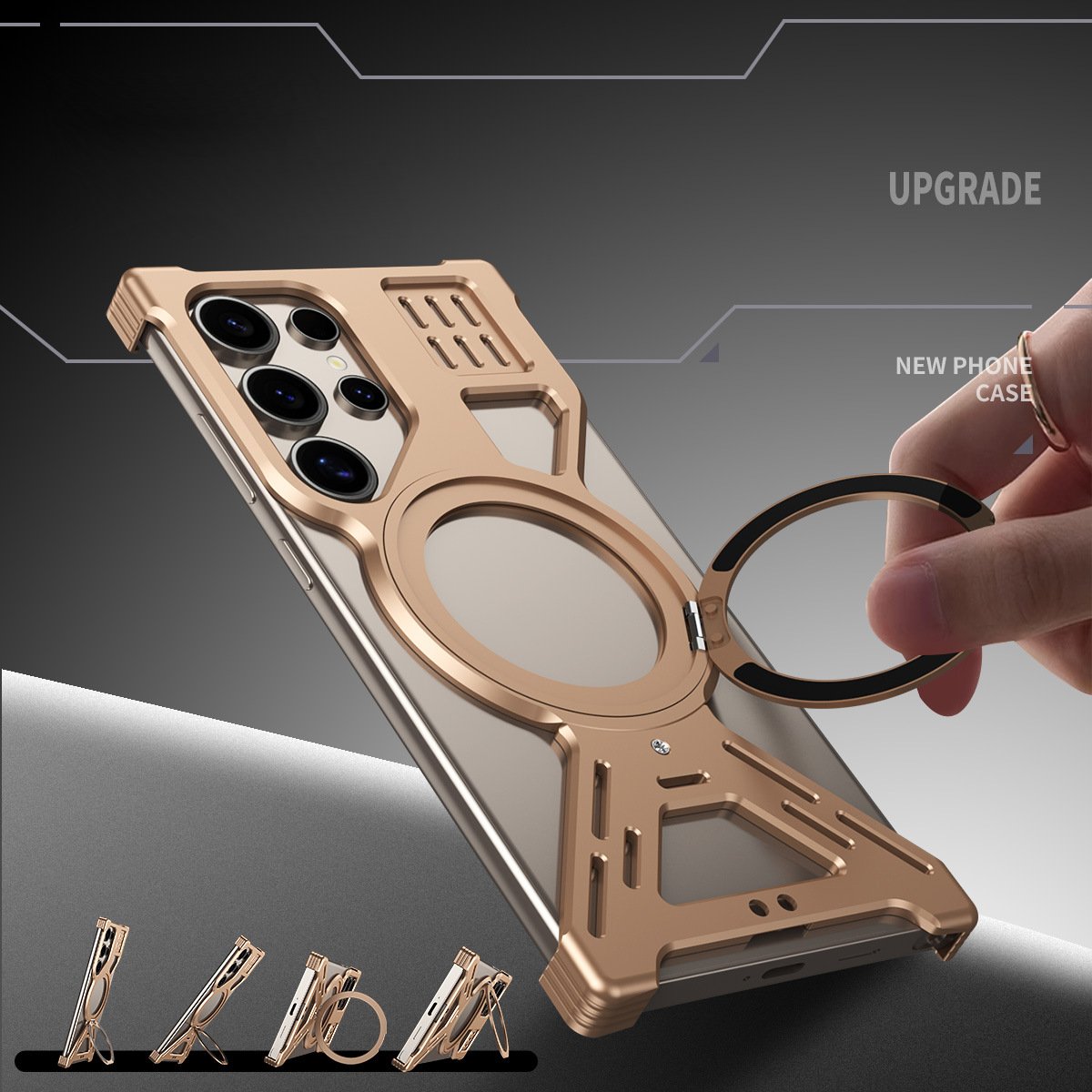 Samsung Galaxy S25 Ultra Metal Case, Frameless Magnetic Bracket Frame Case 360° Rotatable Ring Kickstand - Black