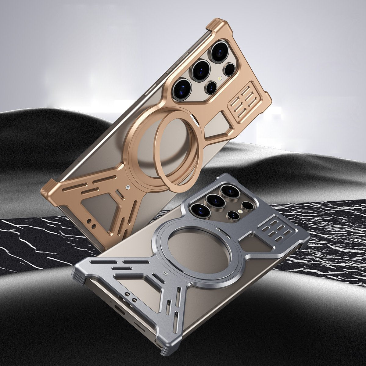 Samsung Galaxy S25 Ultra Metal Case, Frameless Magnetic Bracket Frame Case 360° Rotatable Ring Kickstand - Black