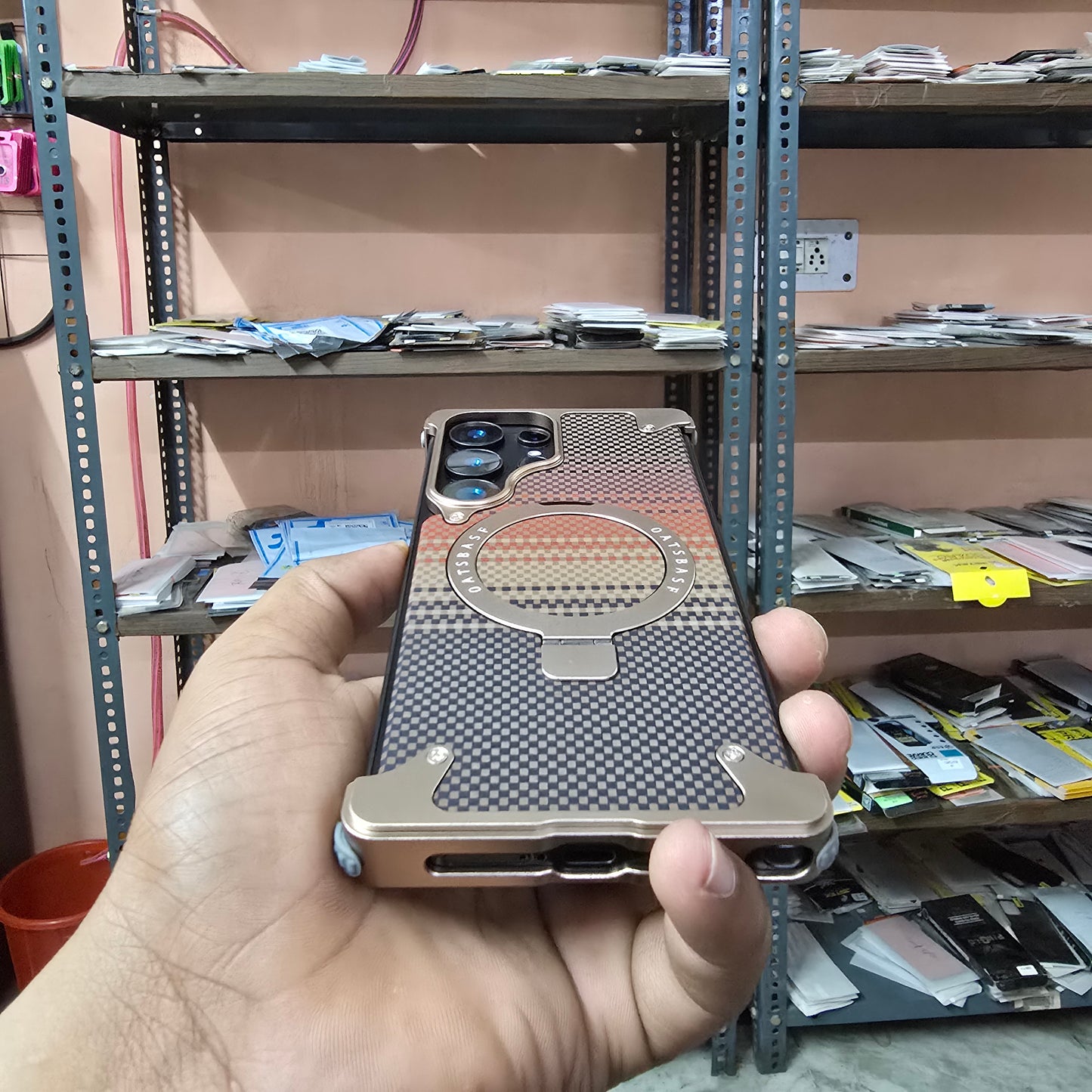 Samsung Galaxy S25 Ultra Metal Case, Frameless Leather Magnetic Invisible Stand Cover - Titanium