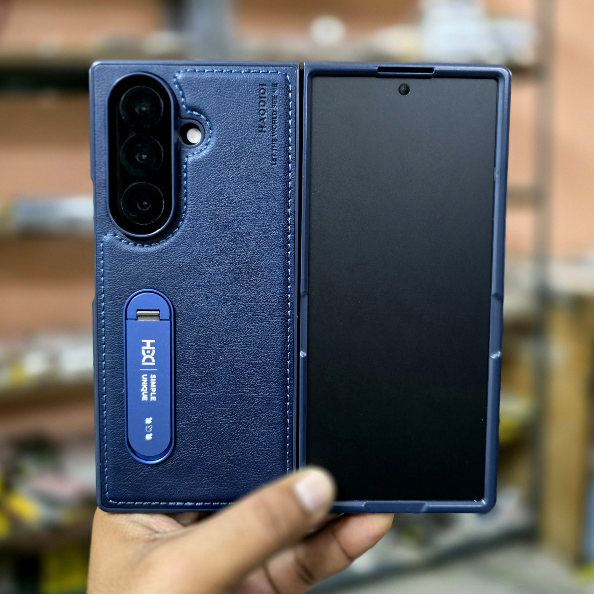 Samsung Galaxy Z Fold7 HBD Real Leather Case with Metal Stand - Blue