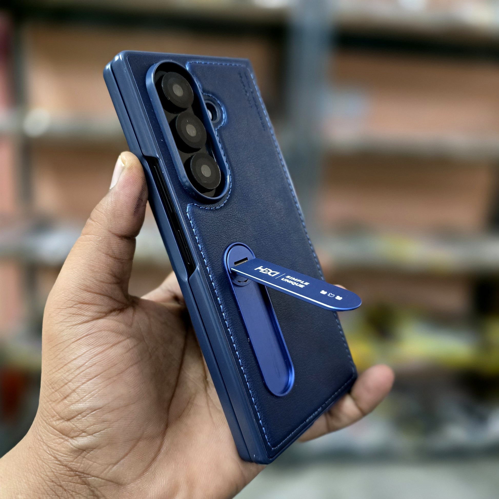Samsung Galaxy Z Fold7 HBD Real Leather Case with Metal Stand - Blue
