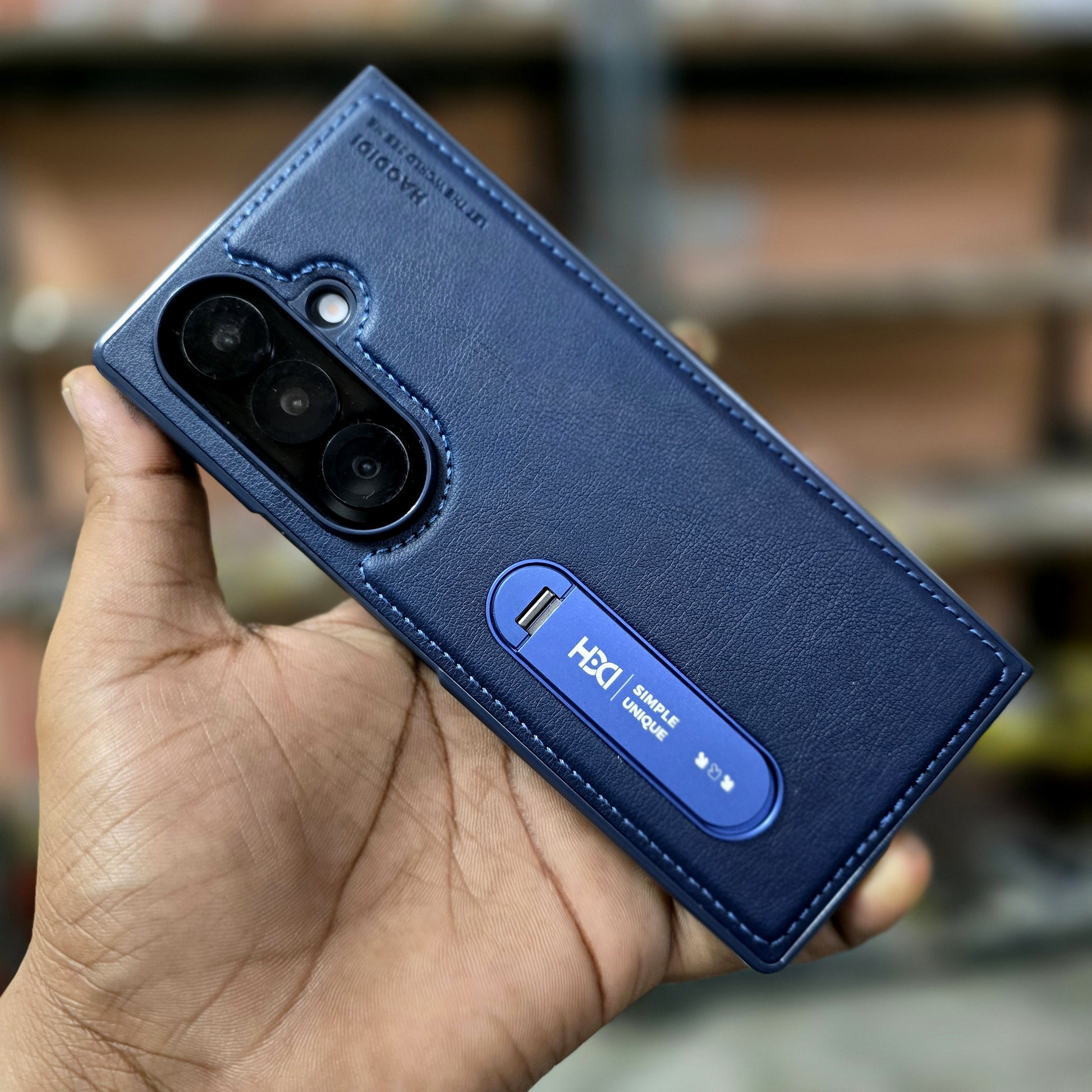 Samsung Galaxy Z Fold7 HBD Real Leather Case with Metal Stand - Blue