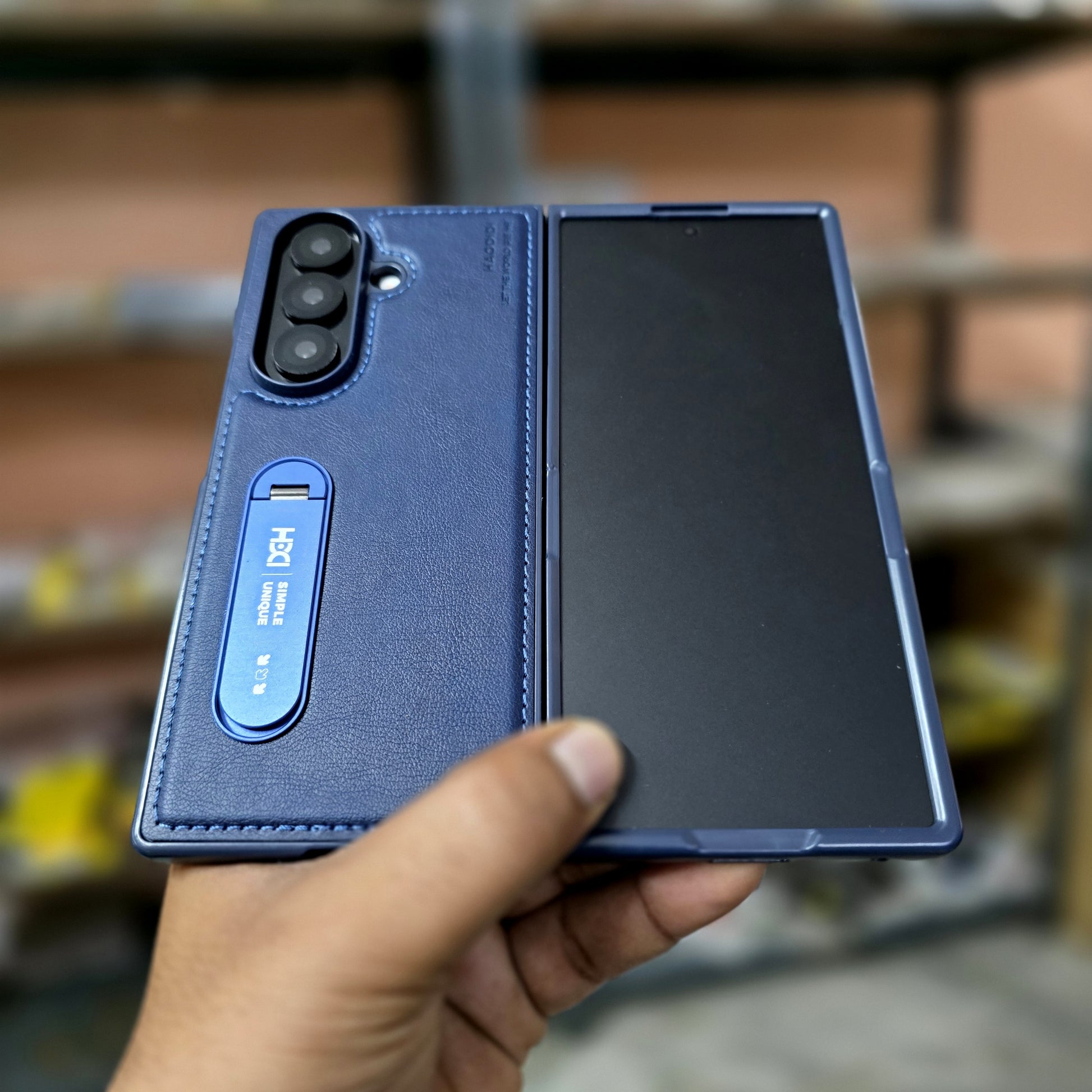 Samsung Galaxy Z Fold7 HBD Real Leather Case with Metal Stand - Blue