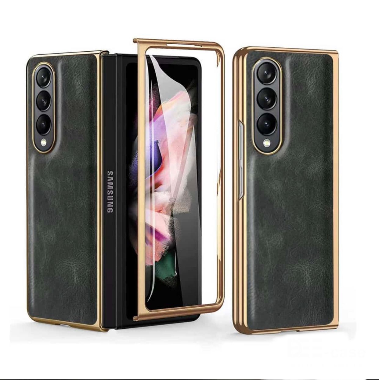 Samsung Galaxy Z Fold 4 PU Leather Chrome Plated With Front Screen Protector Case- Green