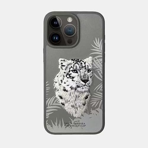iPhone 15 Santa Barbara Snow Leopard Embroidery Case Cover - Grey/Black