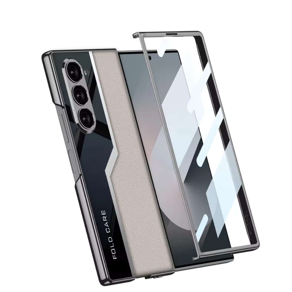 Samsung Galaxy Z Fold 6 Super Slim Electroplating Half Glass & Half Leather Case - Grey