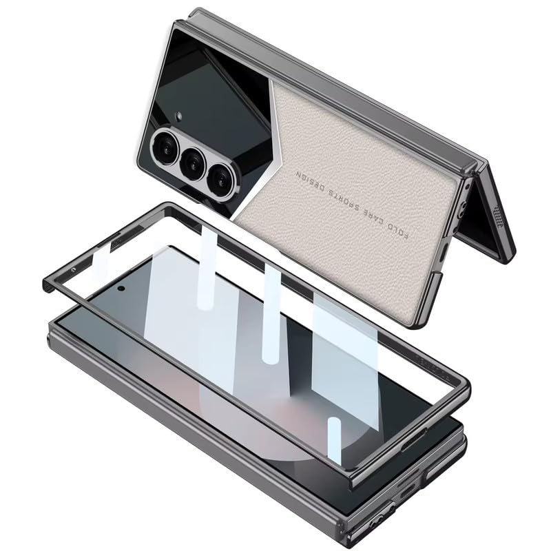 Samsung Galaxy Z Fold 6 Ultra Electroplating V Shape Leather & Glass Case - Black