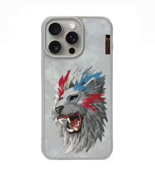 iPhone 15 3D EMBROIDERED LEATHER LION CASE- Grey