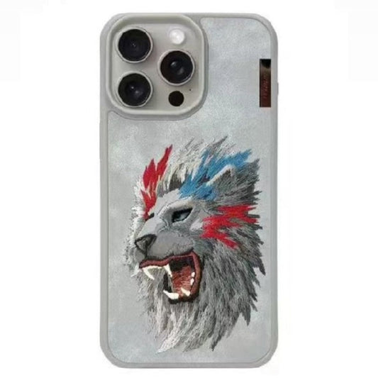 iPhone 15 Pro Max 3D EMBROIDERED LEATHER LION CASE- Grey