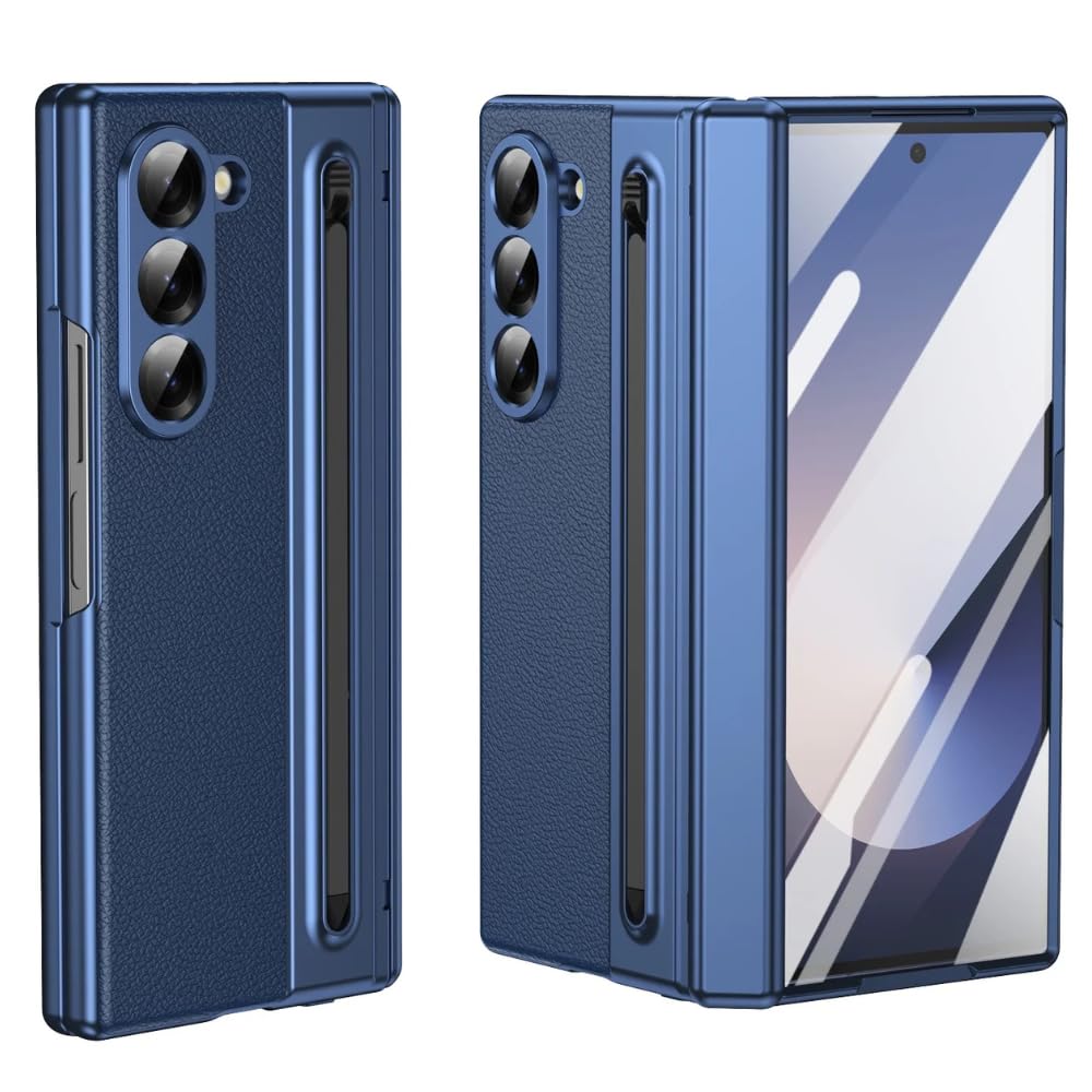 Samsung Galaxy Z Fold6 Leather Case, Electroplating S Pen Case with Kickstand & Hinge Protection - Blue