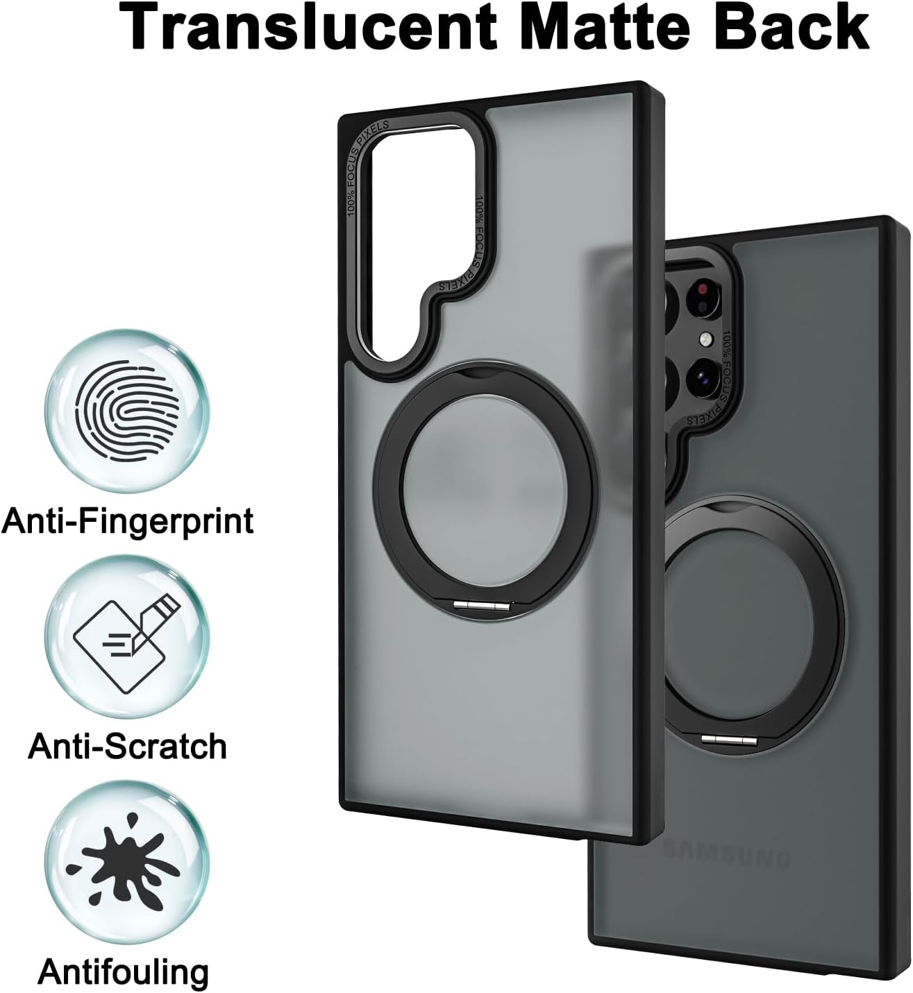 Samsung Galaxy S23 Ultra 360° Rotatable Magnetic Ring with Magsafe Scratchproof Translucent Matte Kickstand Case - Black
