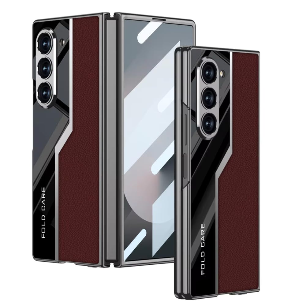Samsung Galaxy Z Fold6 GKK Leather Super Slim Electroplating Half Glass & Half Leather Case - Black / Red