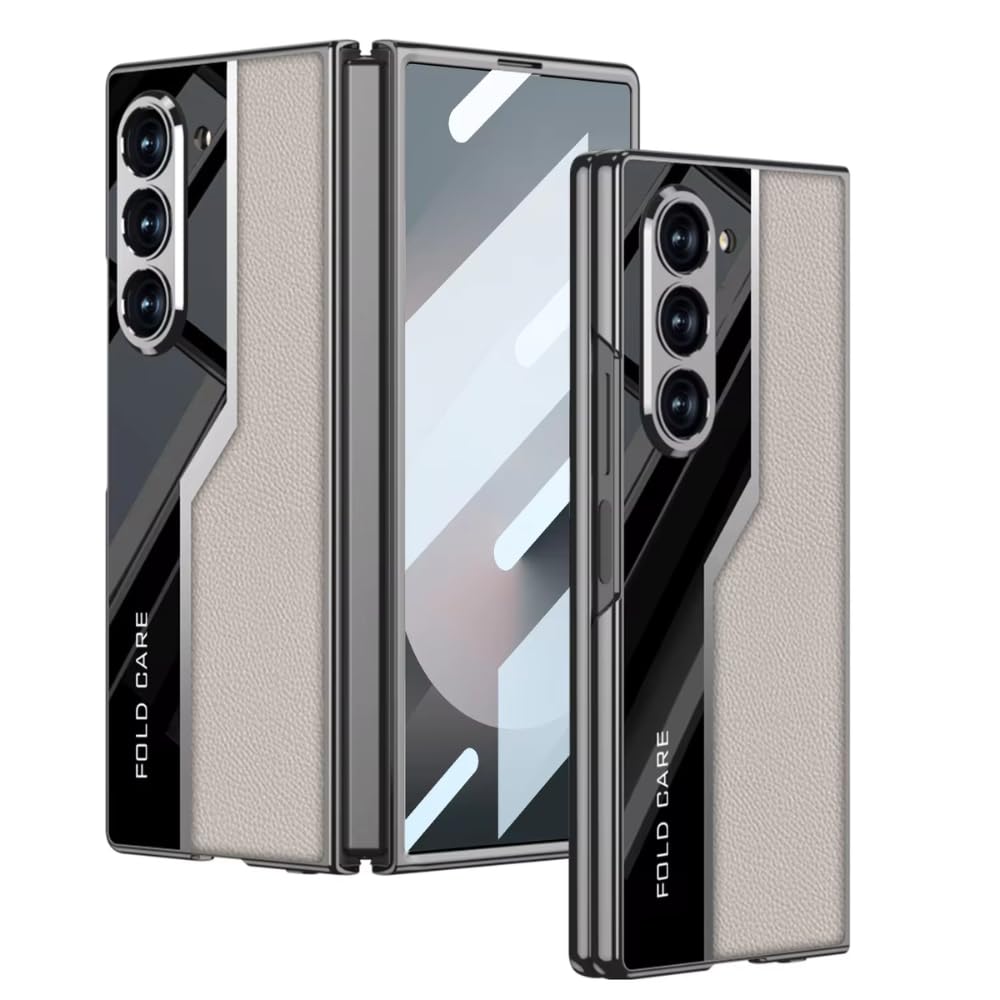 Samsung Galaxy Z Fold 6 Super Slim Electroplating Half Glass & Half Leather Case - Carbon / Titanium