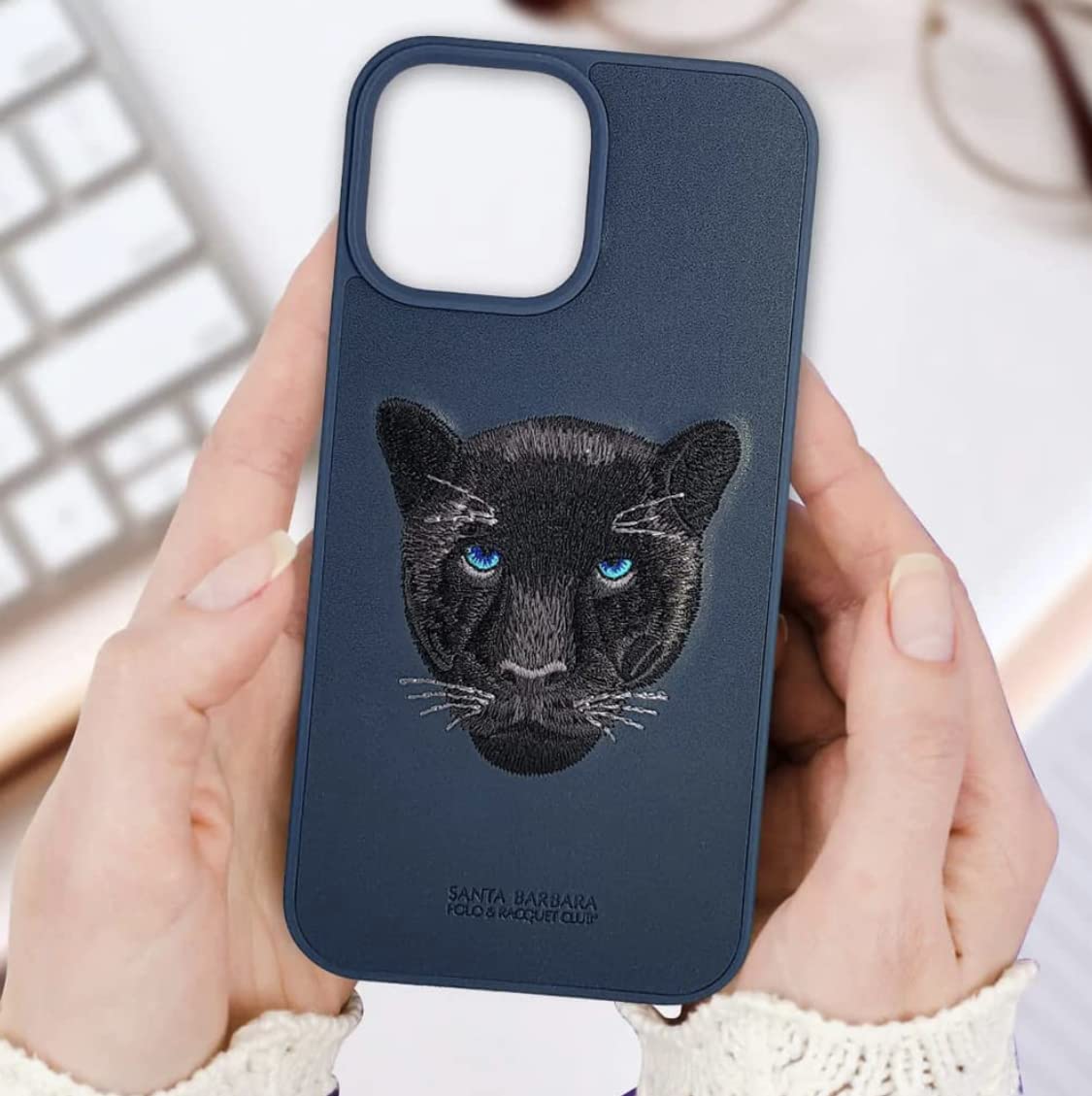 iPhone 14 Pro Max Santa Barbara 3D Embraided Panther Face Savana Series Leather Case