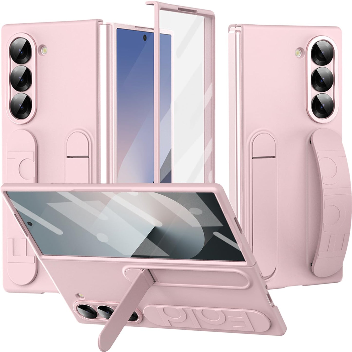 Samsung Galaxy Z Fold5 Silicon Case, Matte Finish Skin Feel Back Cover with Band & Kickstand - Pink