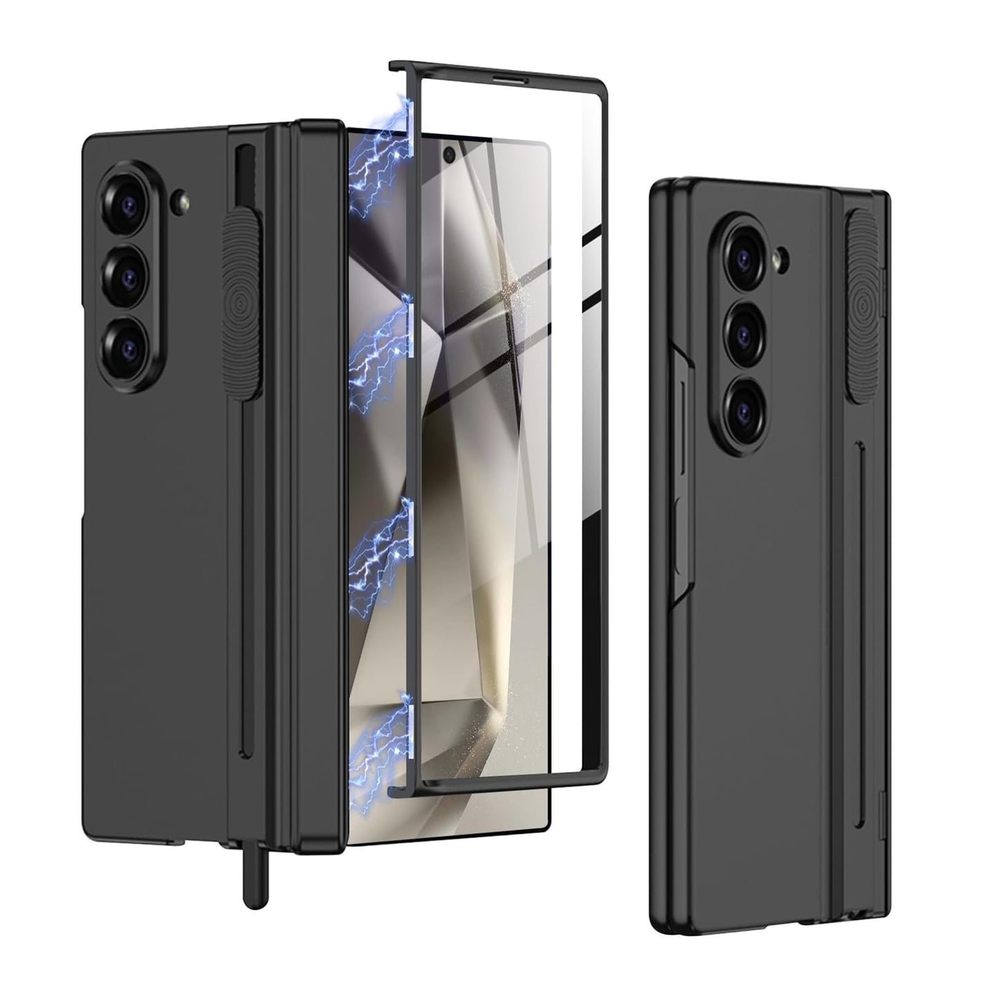 Samsung Galaxy Z Fold 6 Ultra Hybrid Premium Matte Frosted Case with Pen Holder, Magnetic Hinge Protection - Black