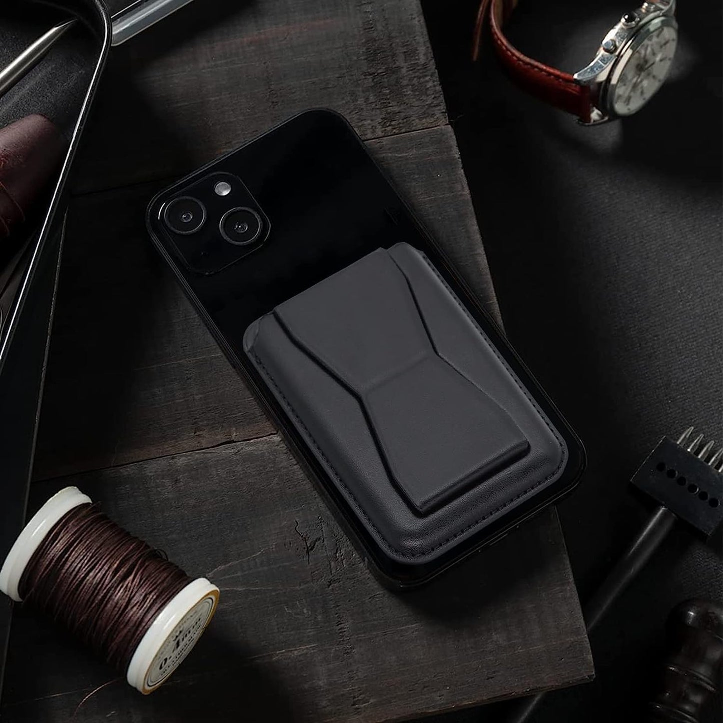 iPhone 15 Faux Leather Wallet Magsafe With Stand - Black