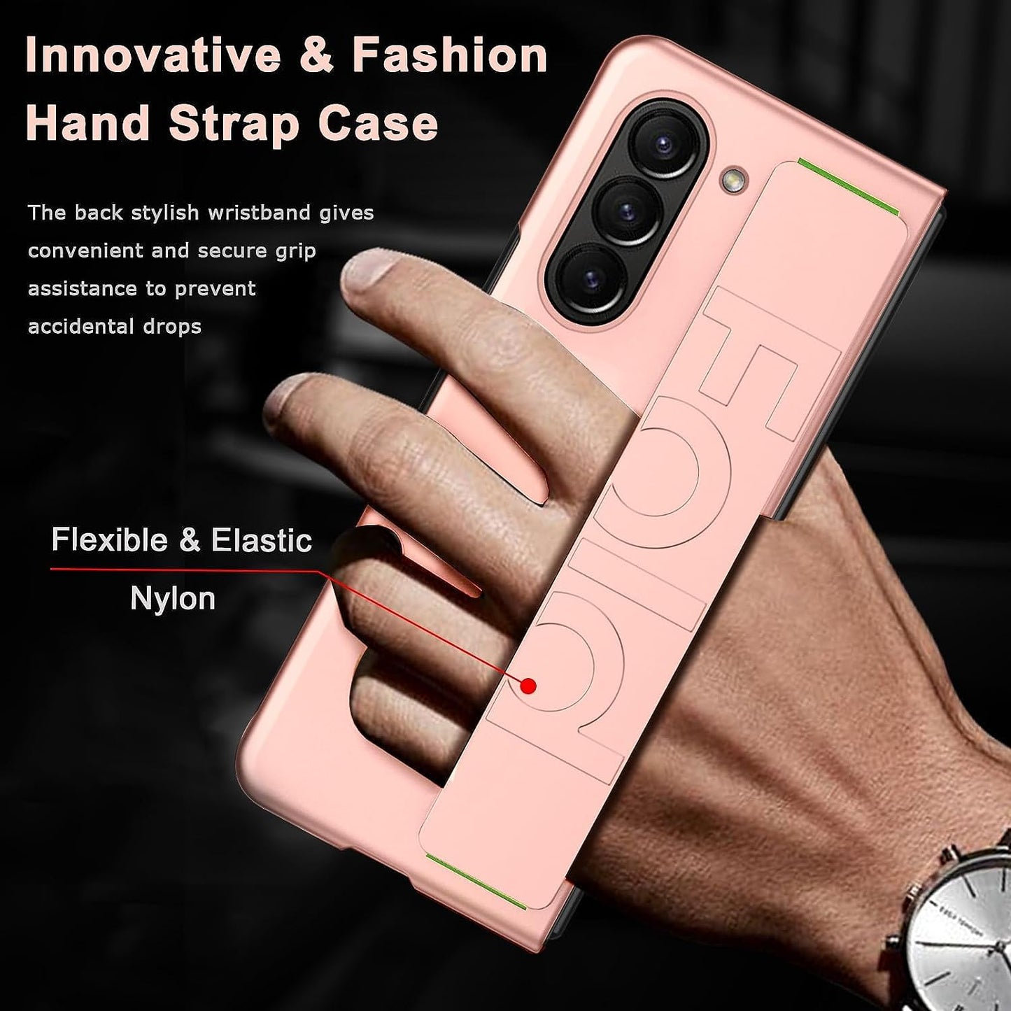 Samsung Galaxy Z Fold 6 Luxury Hard PC Shockproof Protective Case with Wristband - Pink