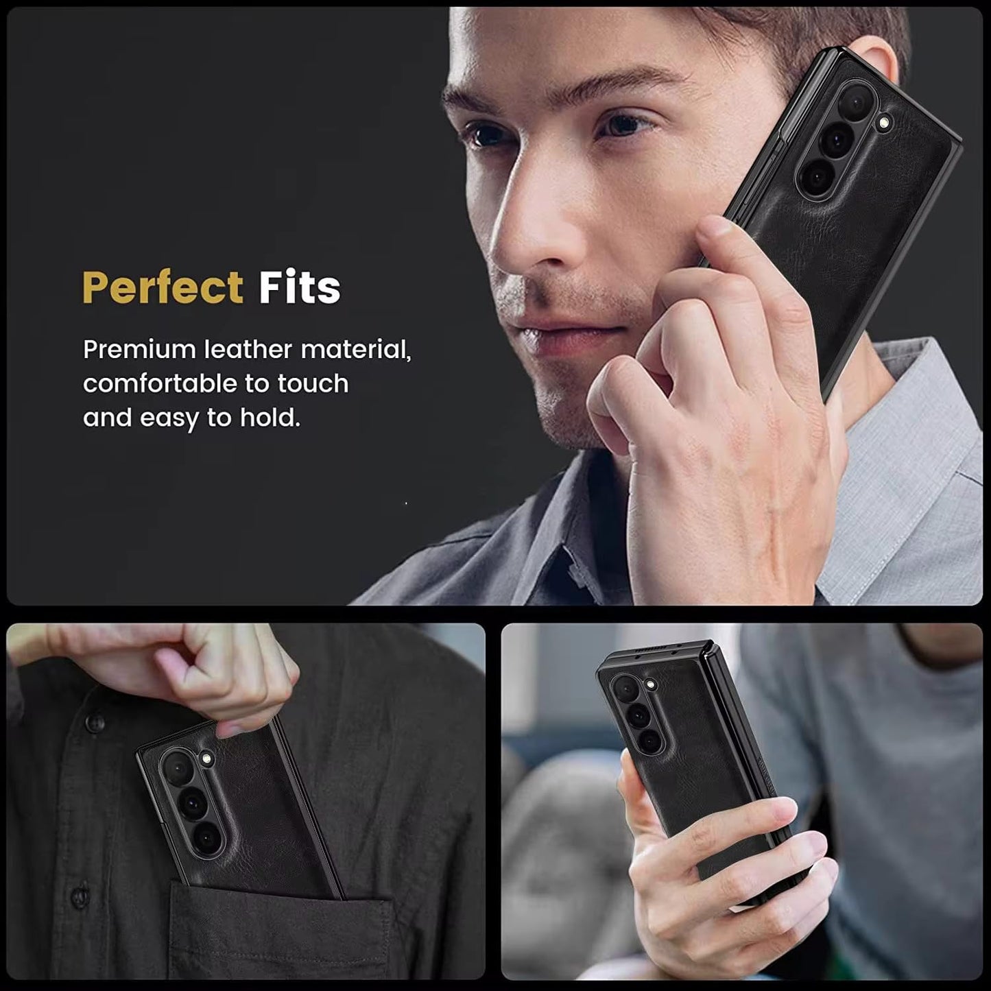 Samsung Galaxy Z Fold 6 Luxury Business Leather Gold Electroplating Case with Built-in Front Glass - Dark Brown