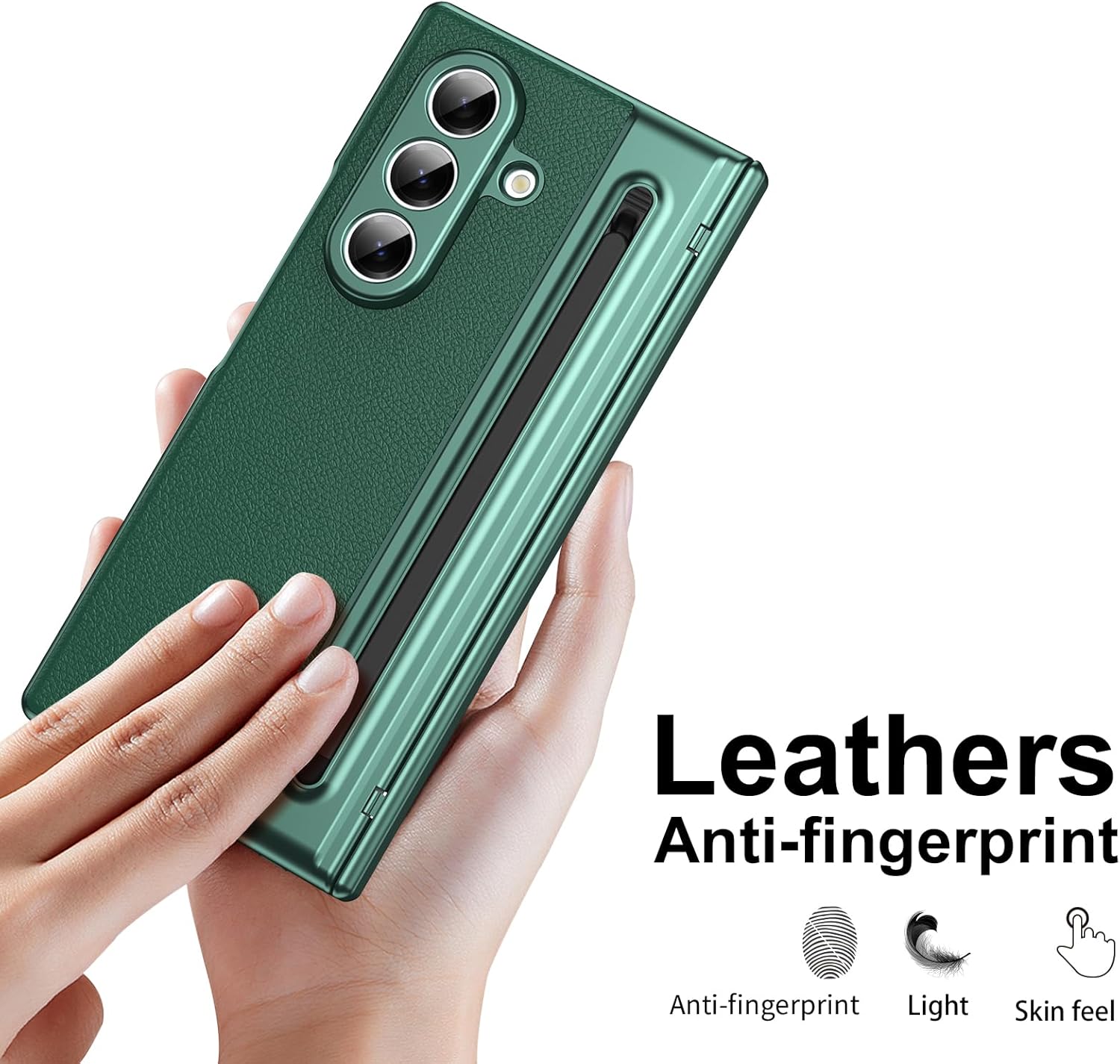 Samsung Galaxy Z Fold7 Leather Case, Electroplating S Pen Case with Kickstand & Hinge Protection - Green