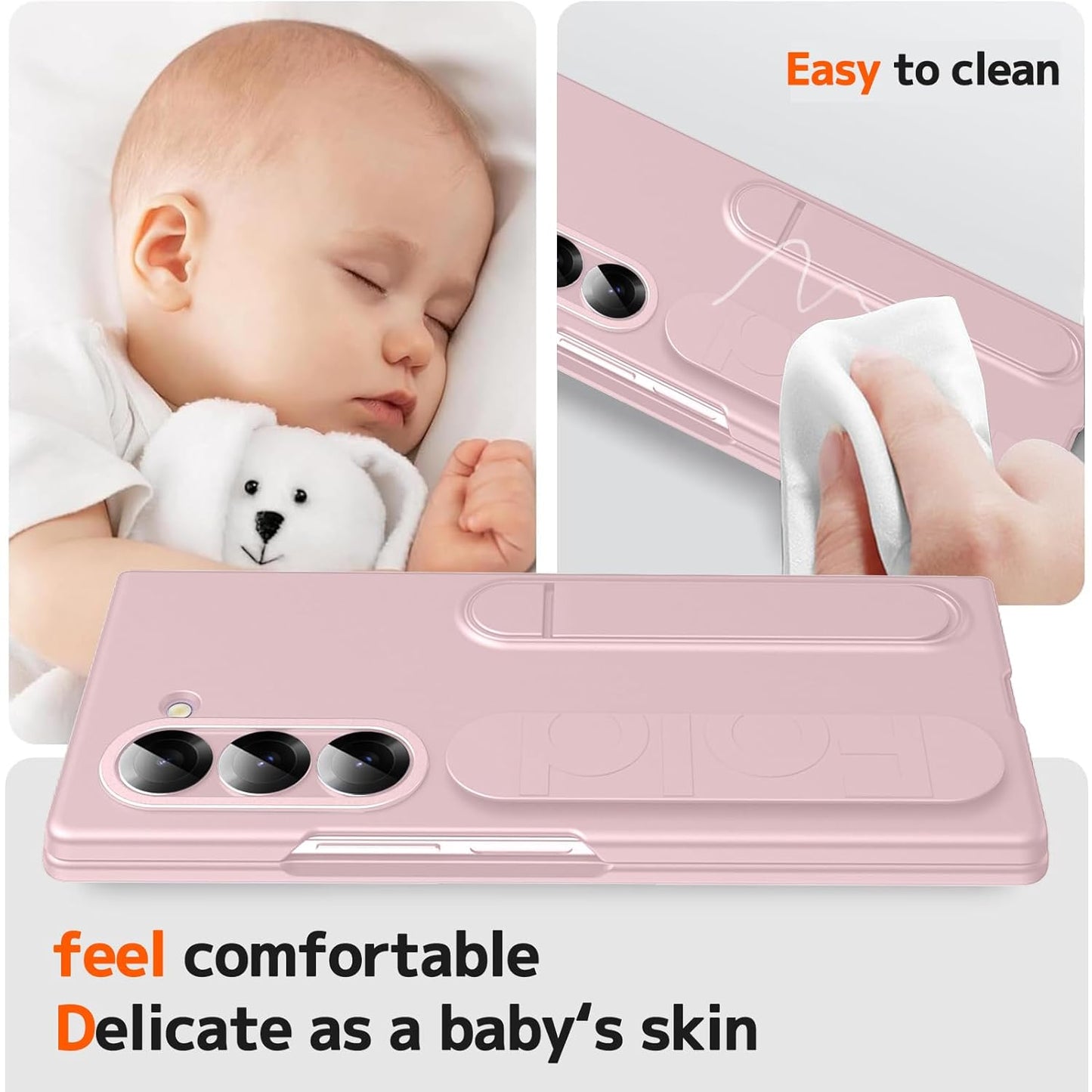 Samsung Galaxy Z Fold5 Silicon Case, Matte Finish Skin Feel Back Cover with Band & Kickstand - Pink