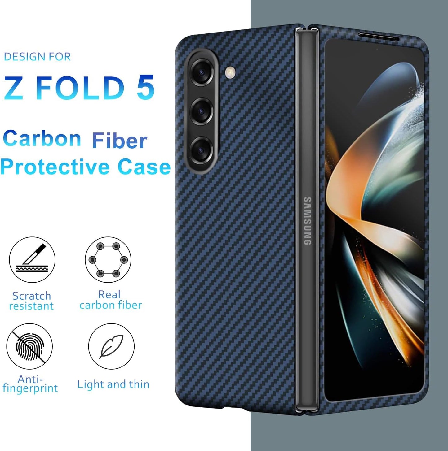 Samsung Galaxy Z Fold 5 Carbon Fiber Real Aramid Kevilar Case-Blue