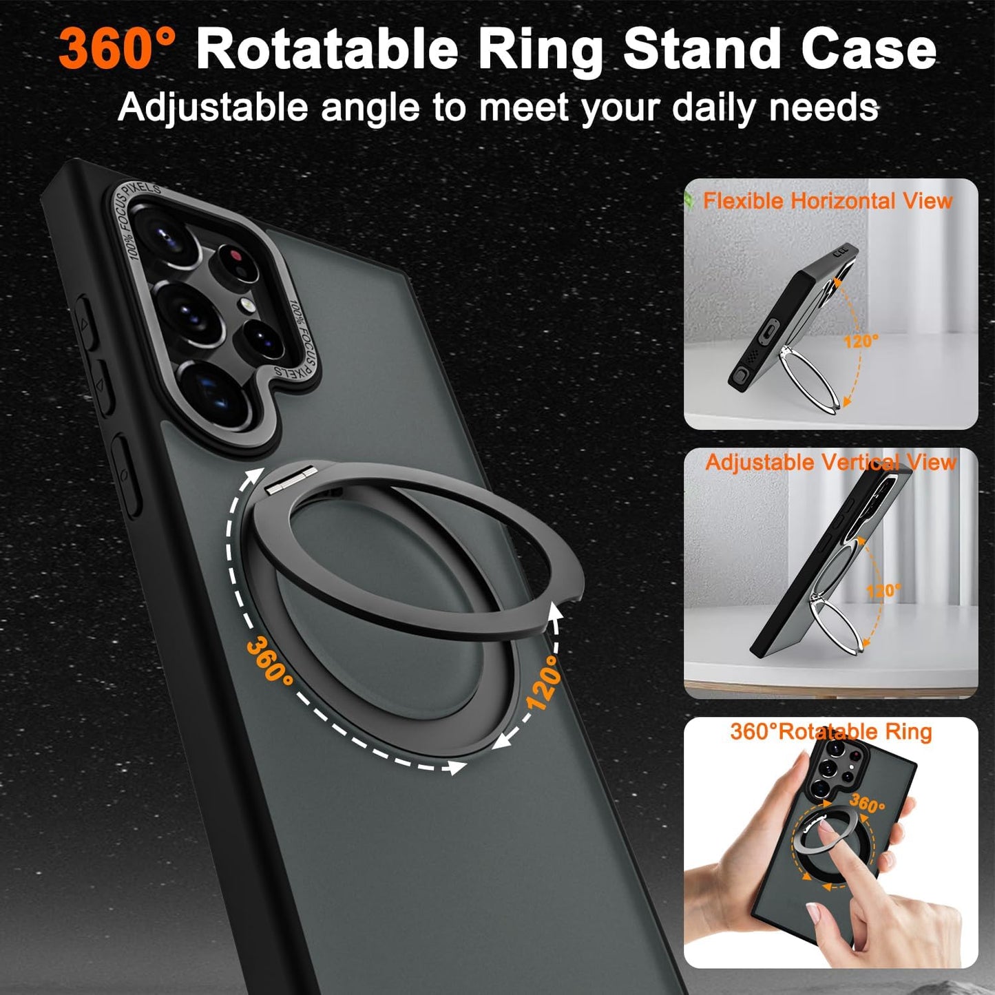 Samsung Galaxy S23 Ultra 360° Rotatable Magnetic Ring with Magsafe Scratchproof Translucent Matte Kickstand Case - Black
