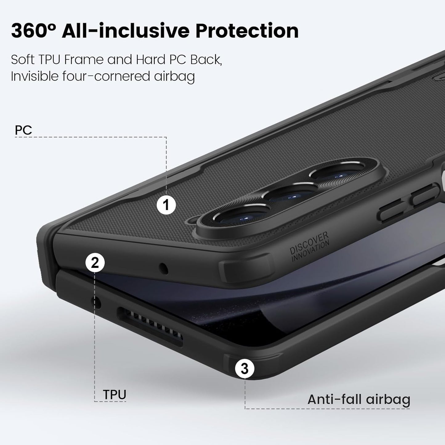 Samsung Galaxy Z Fold5 Nillkin Case, Hinge Protection, Hidden Kickstand & Metal Camera Lens Protector - Black