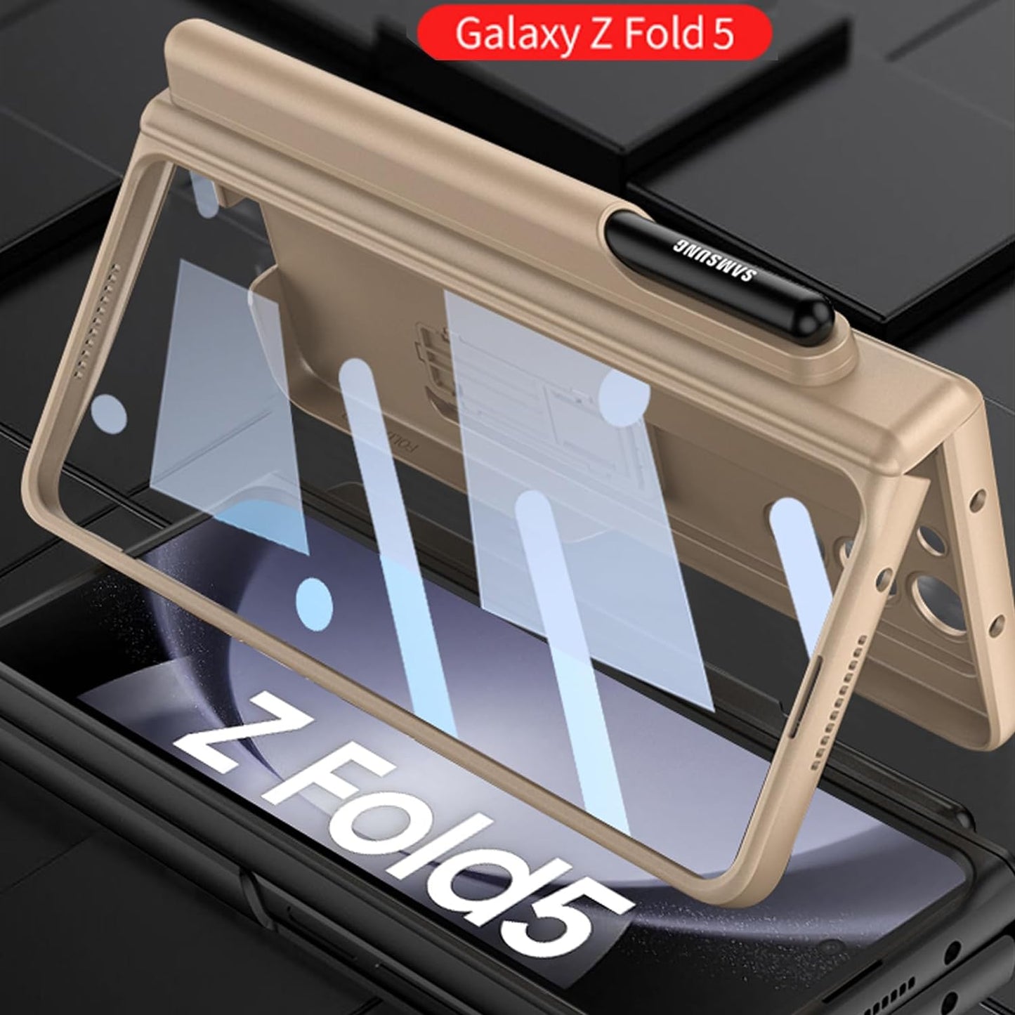 Samsung Galaxy Z Fold 5 Shockproof and Anti-Drop S Pen Holder, Protective Case With Front Glass-Black
