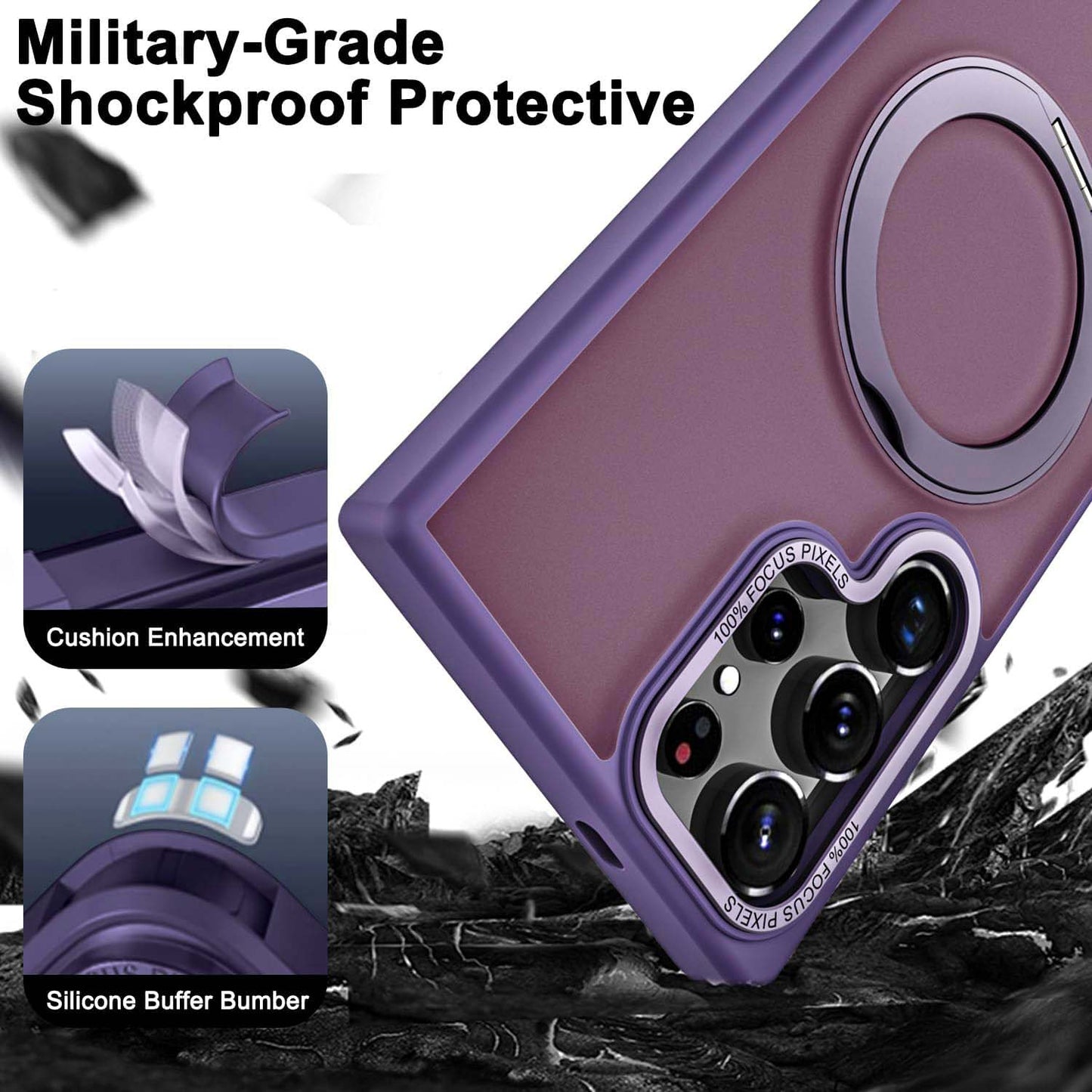 Samsung Galaxy S24 Ultra 360° Rotatable Magnetic Ring with Magsafe Scratchproof Translucent Matte Kickstand Case - Deep Purple