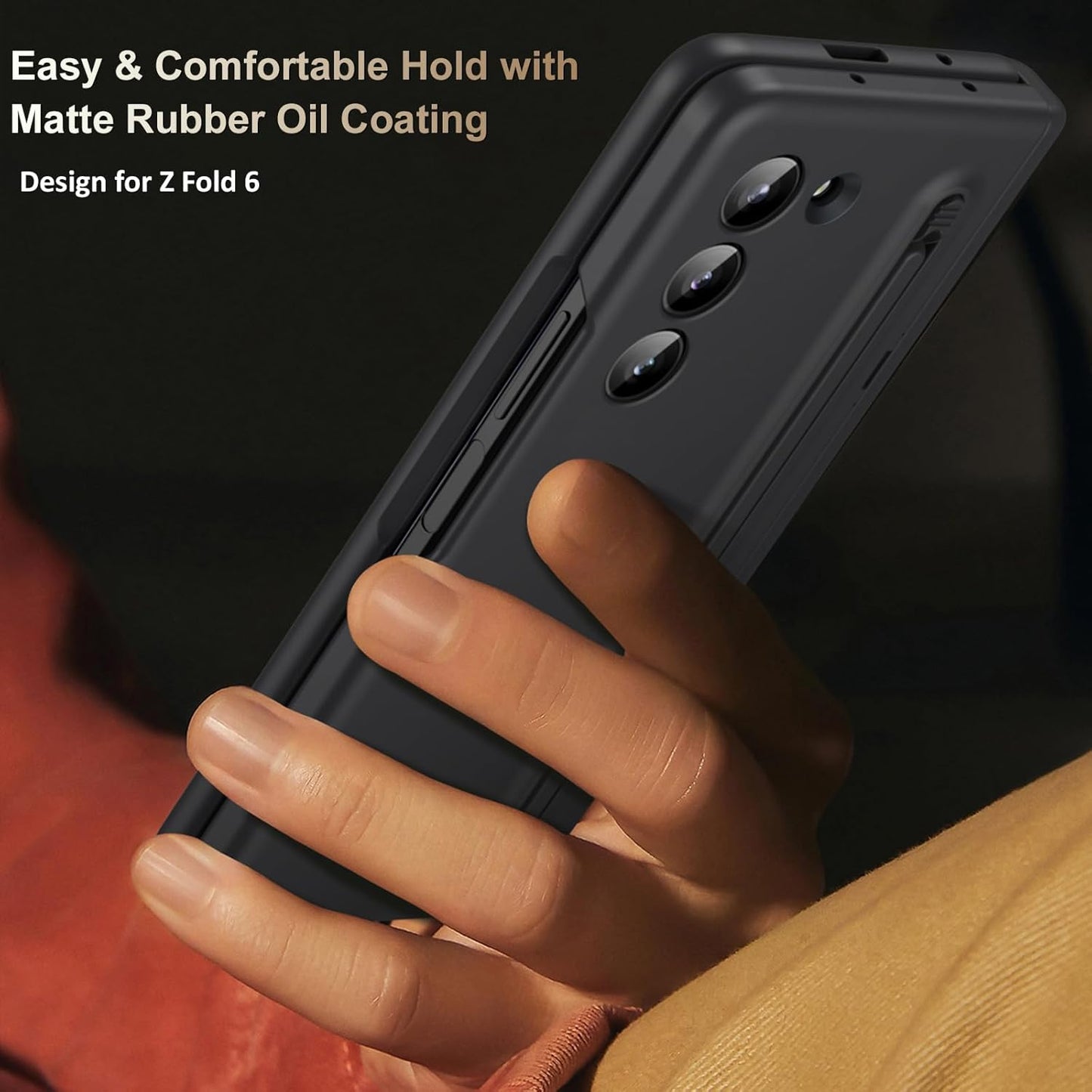 Samsung Galaxy Z Fold6 Silky Liquid PC Matte S-Pen, Kickstand and Hinge Protection Case in-Built Front Glass - Black