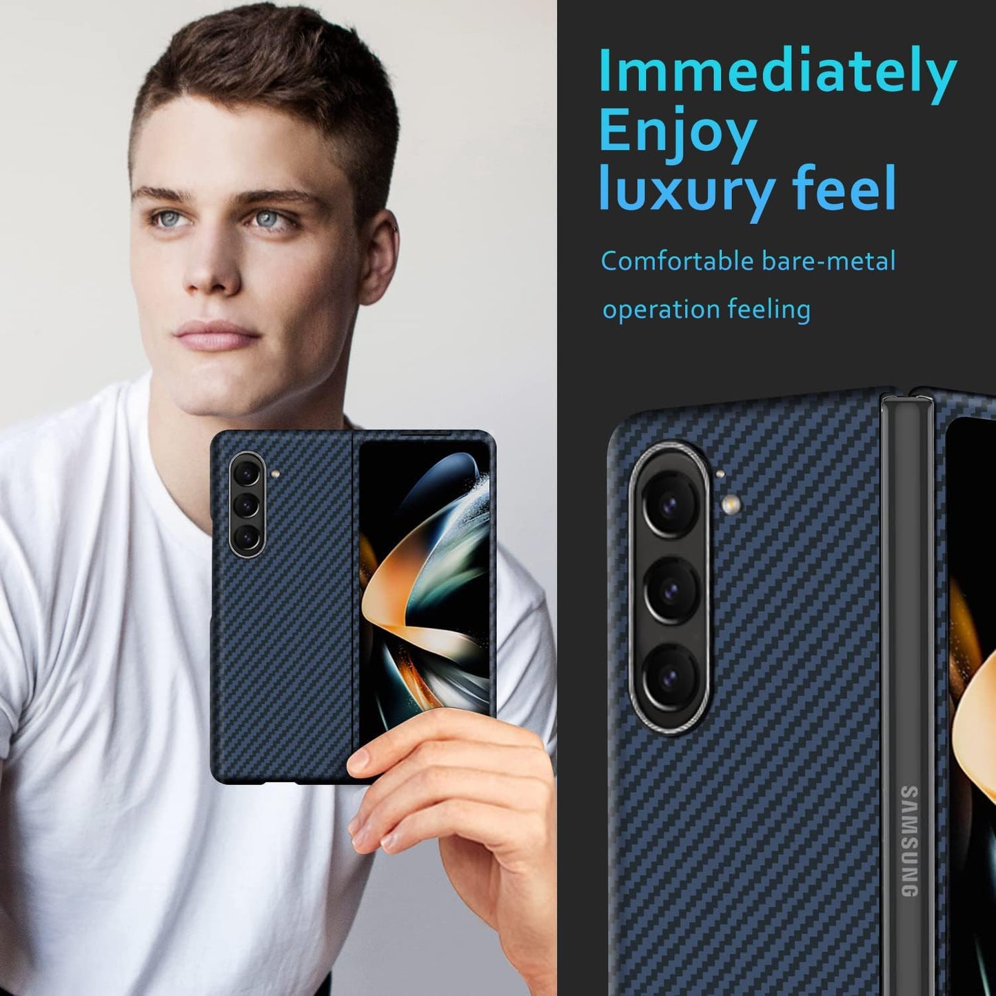 Samsung Galaxy Z Fold 5 Carbon Fiber Real Aramid Kevilar Case-Blue