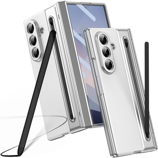 Samsung Galaxy Z Fold7 Leather Case, Electroplating S Pen Case with Kickstand & Hinge Protection - White