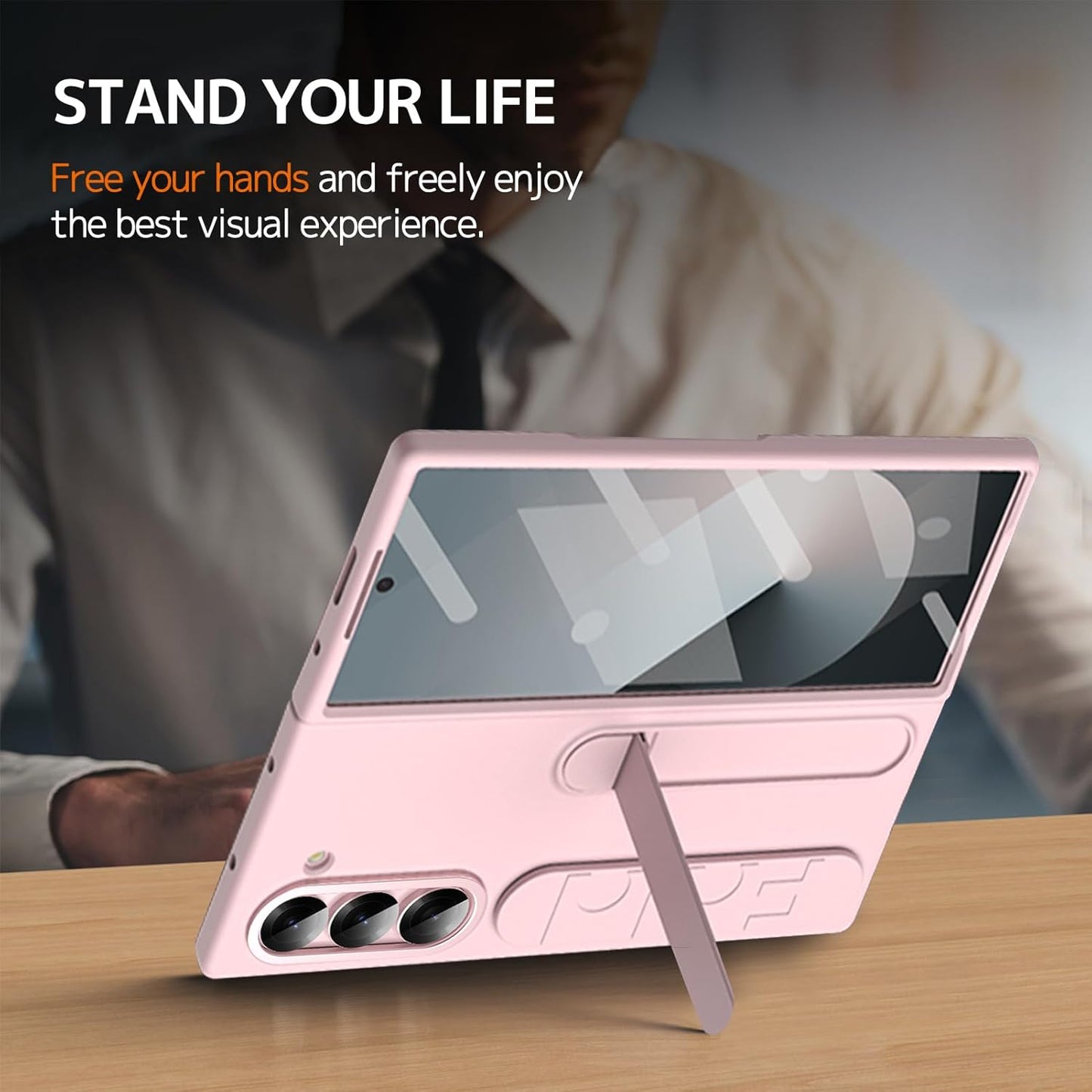 Samsung Galaxy Z Fold5 Silicon Case, Matte Finish Skin Feel Back Cover with Band & Kickstand - Pink