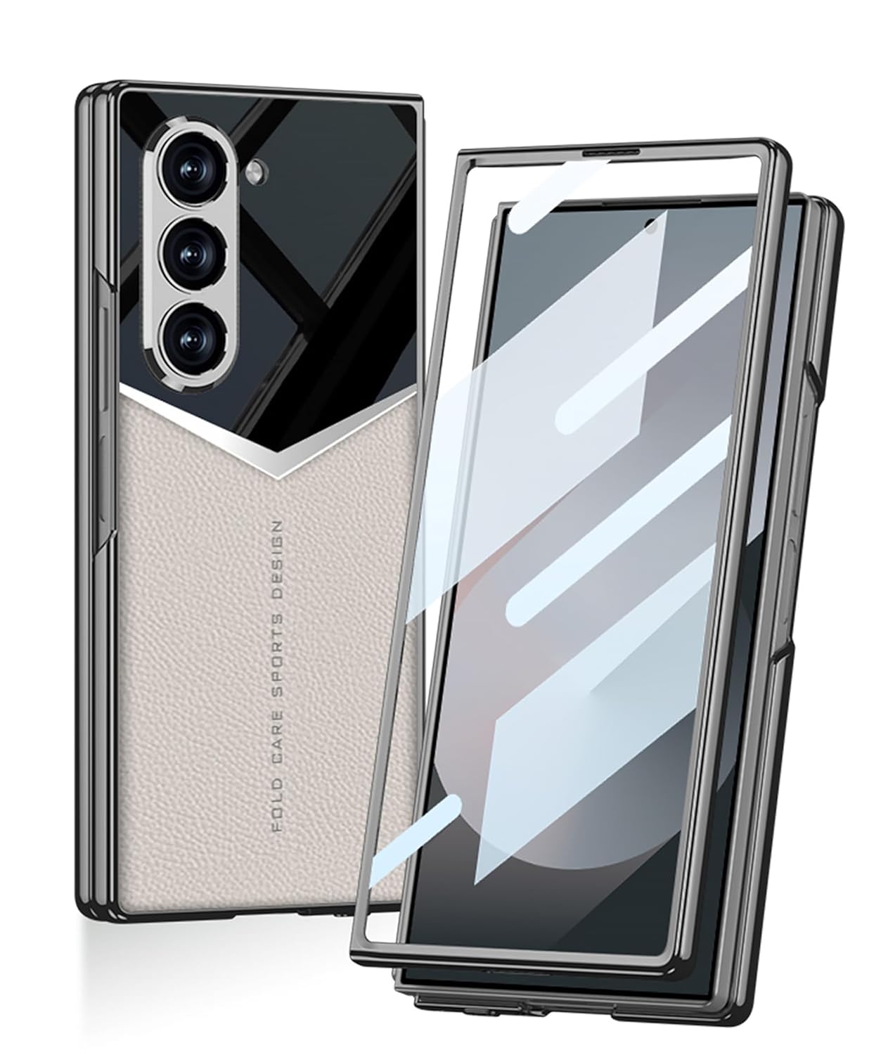 Samsung Galaxy Z Fold 6 Ultra Electroplating V Shape Leather & Glass Case - Black