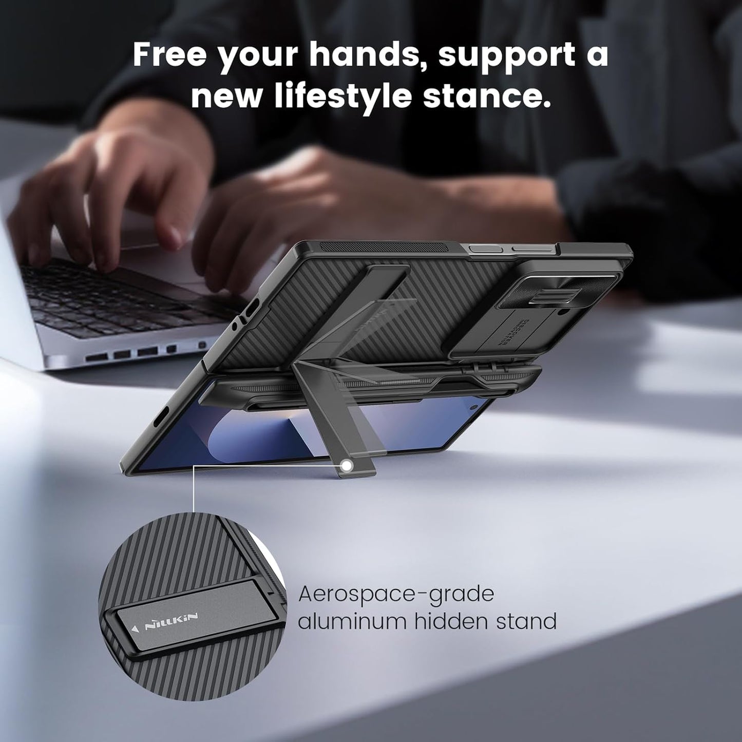 Samsung Galaxy Z Fold 6 Nillkin Cam-Shield Pro with S Pen Holder & Hinge Protection Hidden Kickstand Slide Camera Cover - Black